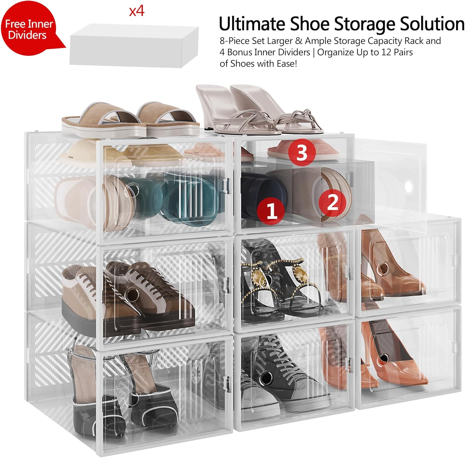 Organizador grande de zapatos, paquete de 8, tiene capacidad para hasta 12 pares de zapatero más grueso con divisores interiores extraíbles para