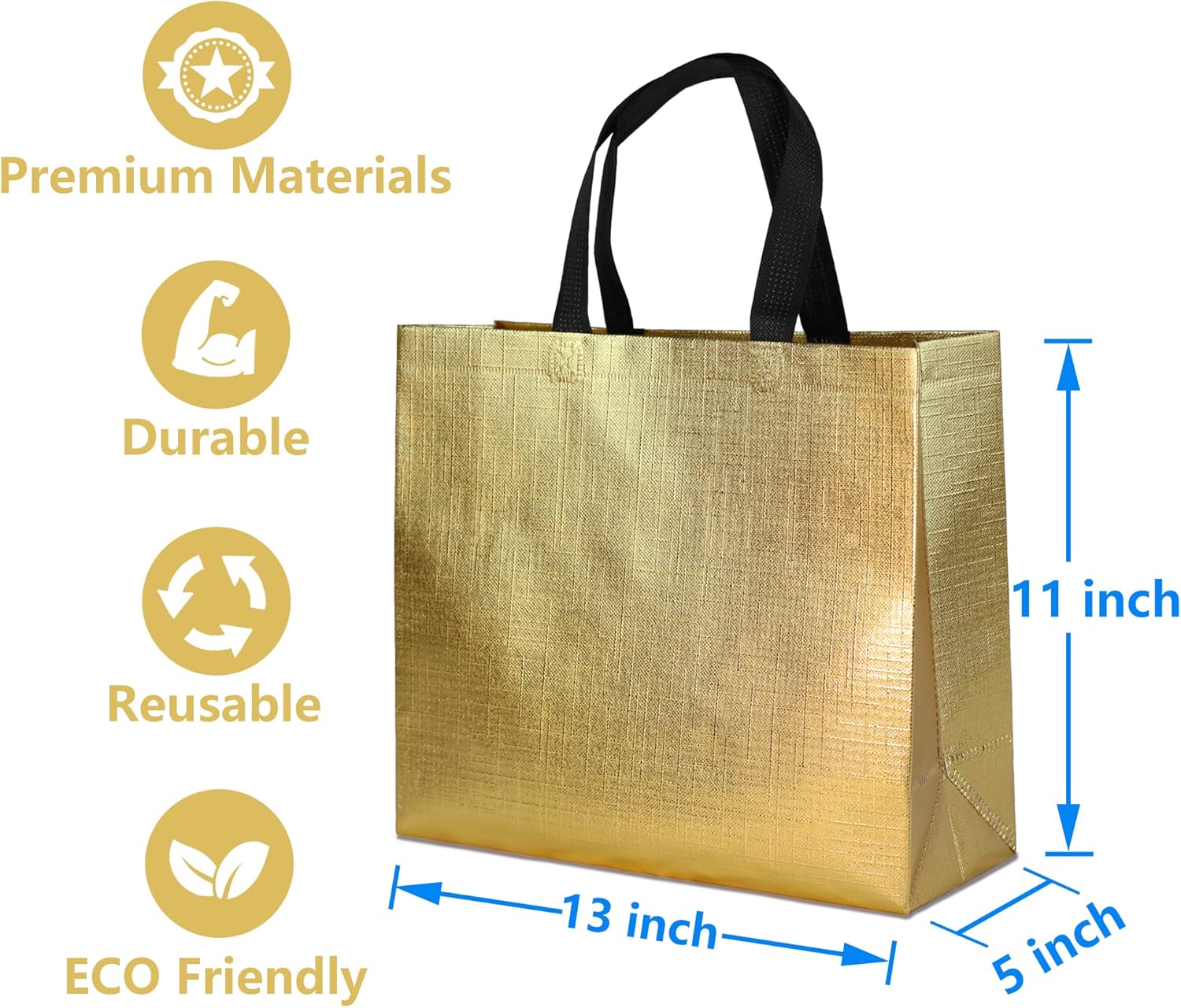 FONXHEE Paquete de 12 bolsas de regalo doradas con asas, bolsas de regalo reutilizables, bolsas de regalo brillantes, bolsas de regalo metálicas no