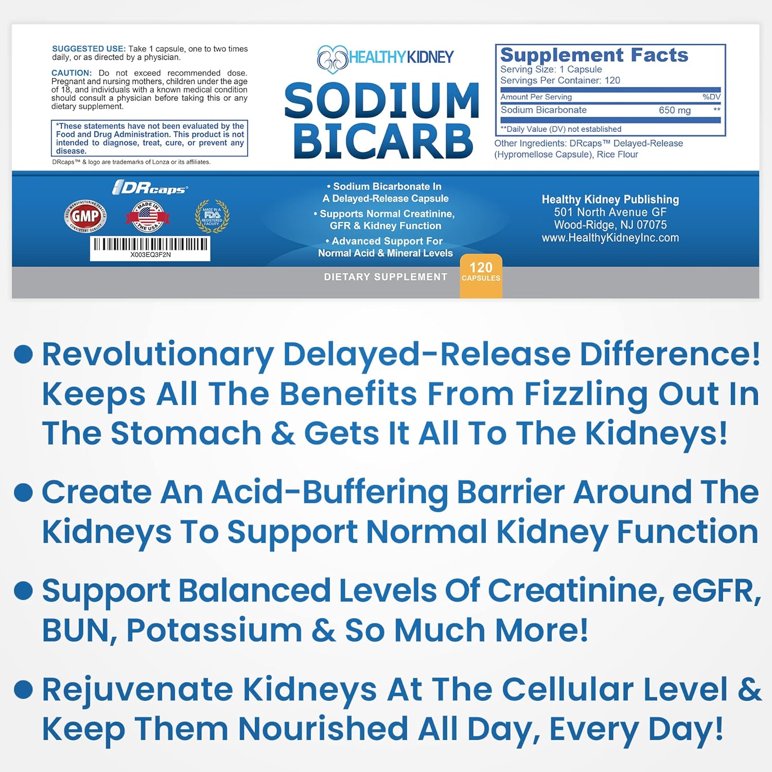 Bicarbonato de sodio 650 mg Cápsulas de liberación retardada para apoyar la función renal normal y suplemento de salud renal. Bicarbonato de sodio