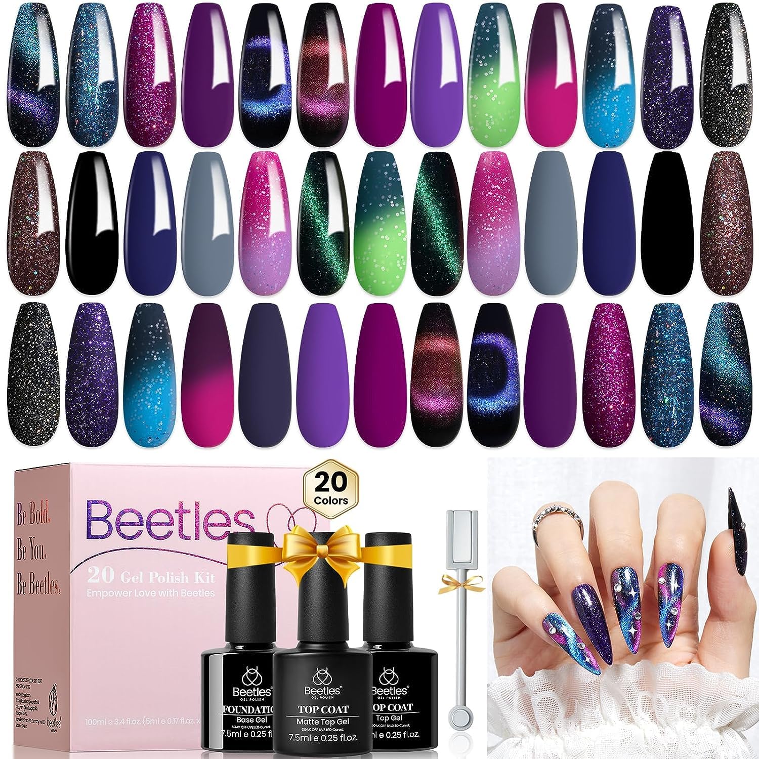 Beetles – Juego de 24 esmaltes de uñas de gel, 20 colores que cambian de color ojo de gato, juego de esmaltes de gel con purpurina con gel base,
