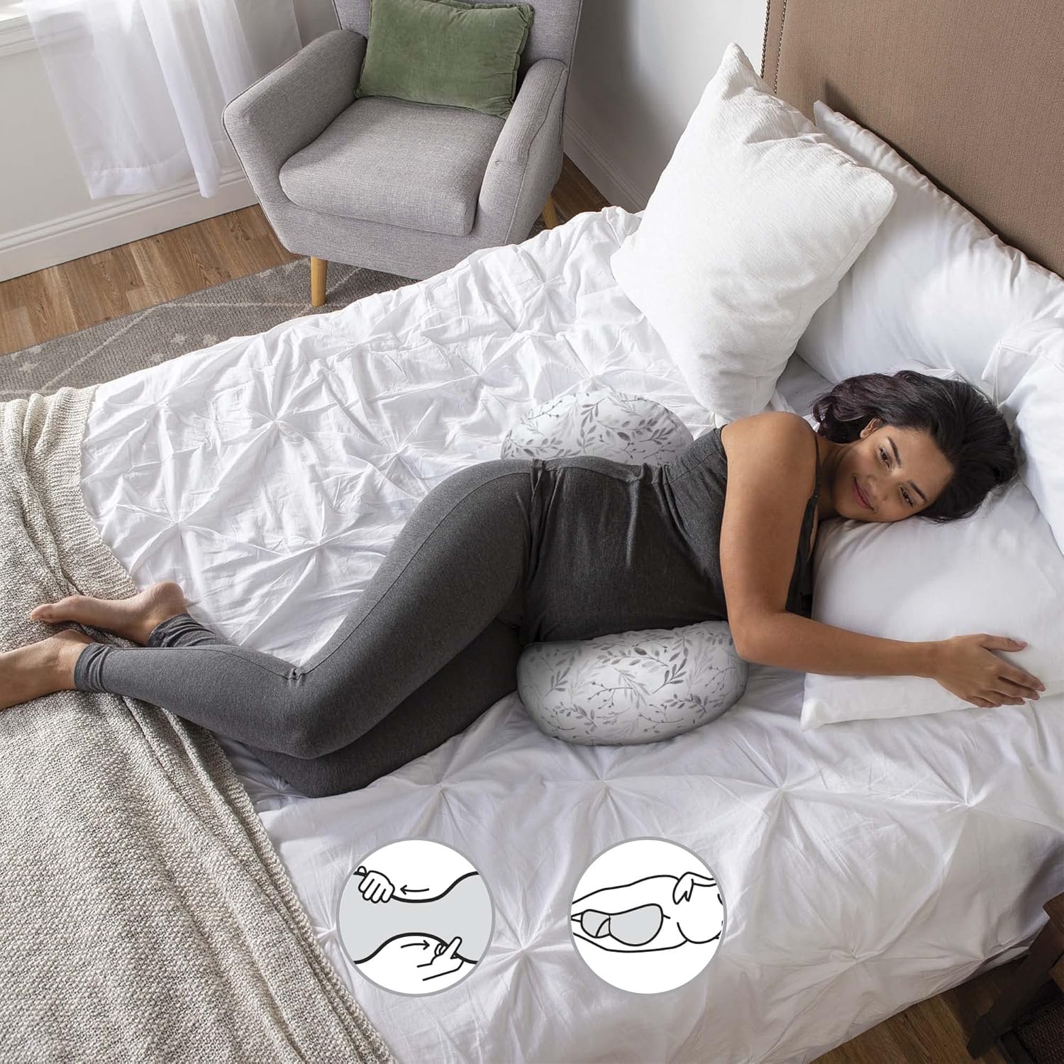 Boppy Almohada de embarazo de cuerpo total con funda de almohada extraíble fácil de poner en hojas grises dispersas y almohada de embarazo con funda