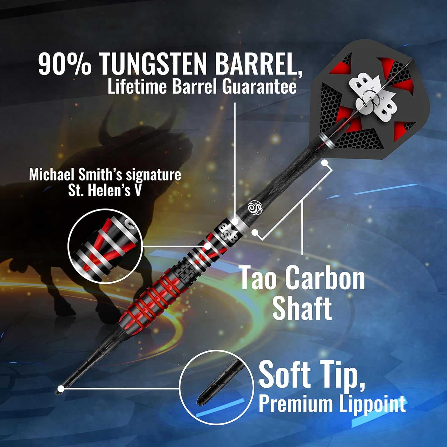 Shot! Michael Smith Tenacious (0.71 oz0.79 onzas), barril de tungsteno 90%, peso frontal, juego de dardos profesionales hechos a mano y vuelos