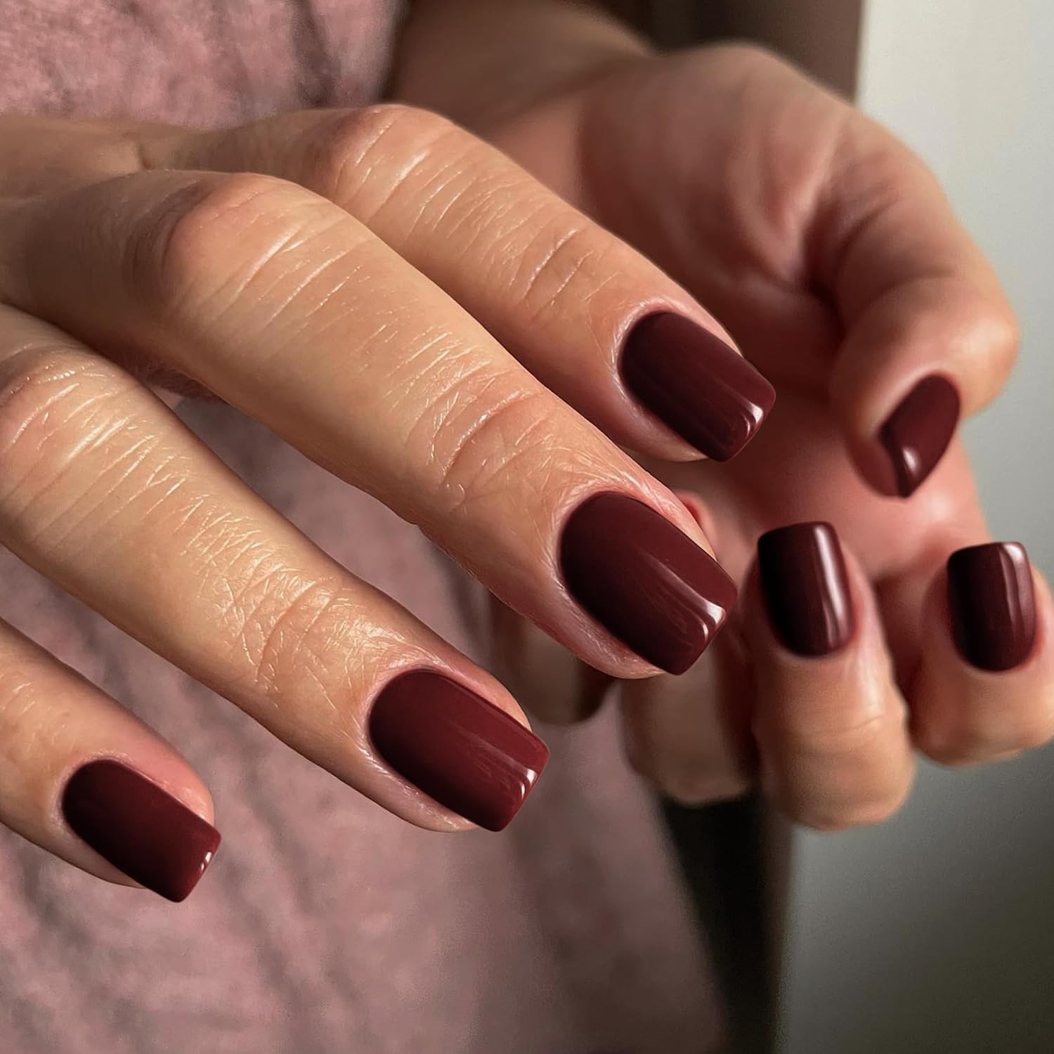 Uñas postizas cortas a presión, color rojo vino, uñas postizas cortas cuadradas a presión, uñas acrílicas, uñas adhesivas para mujeres, uñas