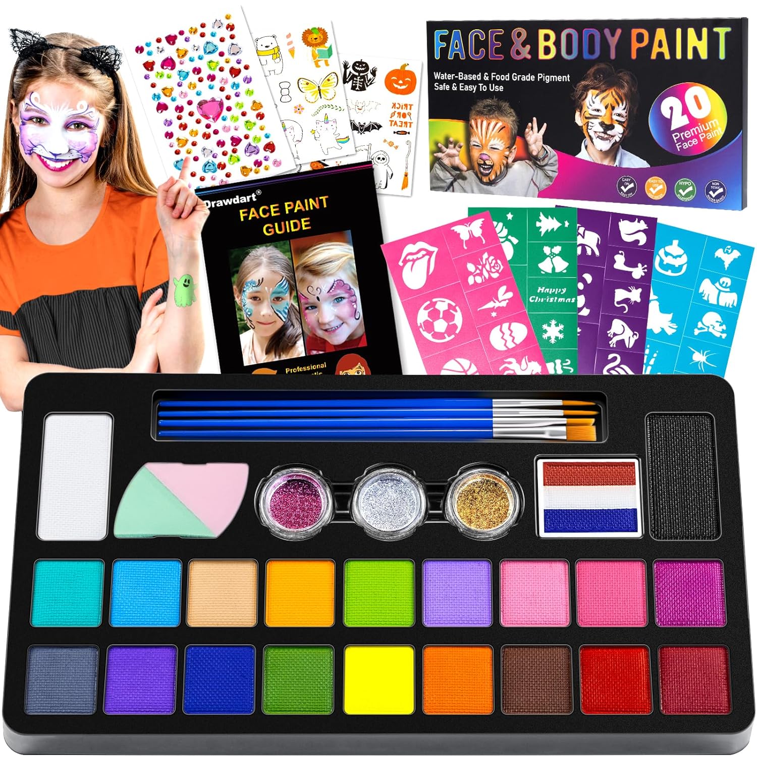 Drawdart Kit de pintura facial para niños, kit de pintura facial no tóxica a base de agua, 20 colores, pintura facial profesional para niños con