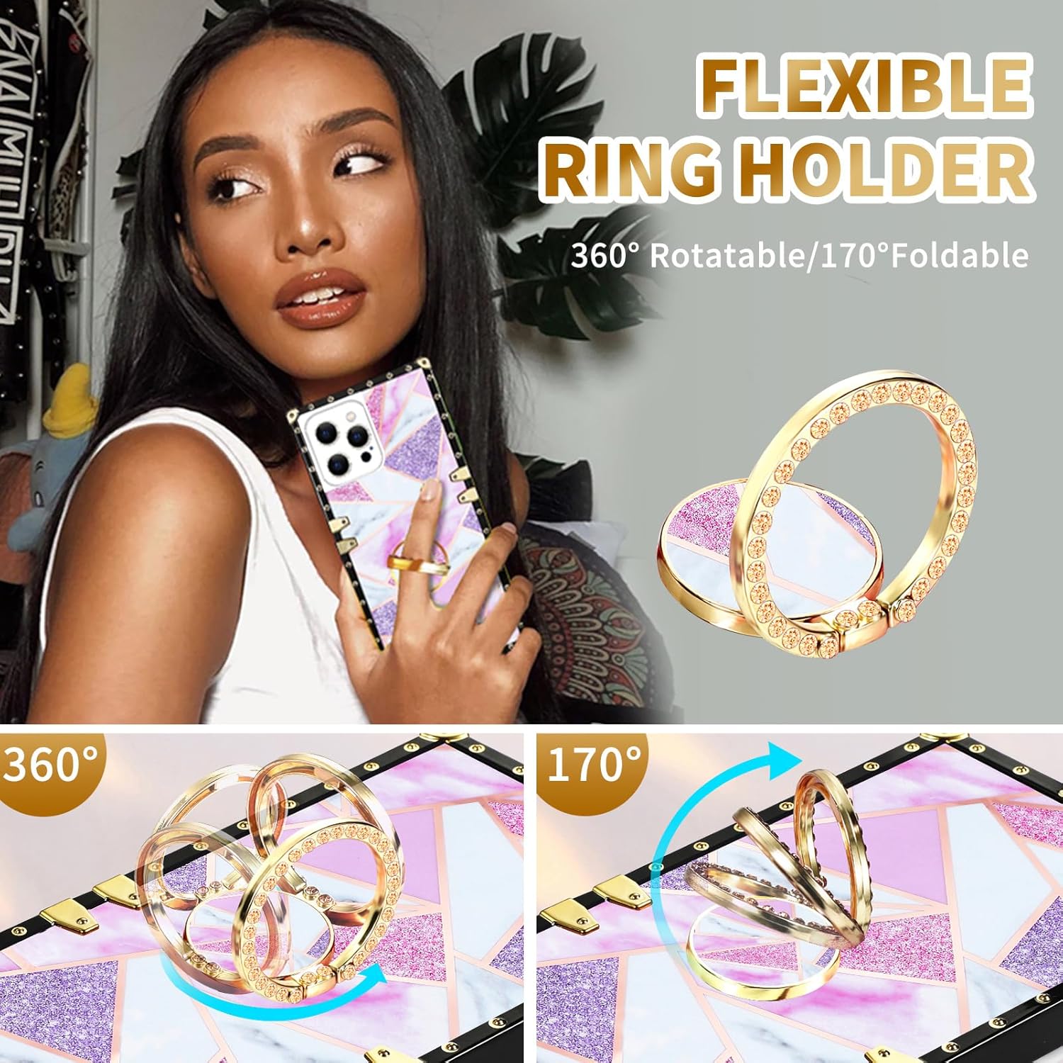 Loheckle Funda para iPhone 15 Pro Max para mujeres, niñas, adolescentes, diseño cuadrado a la moda, lindas fundas con soporte de anillo y cordón,
