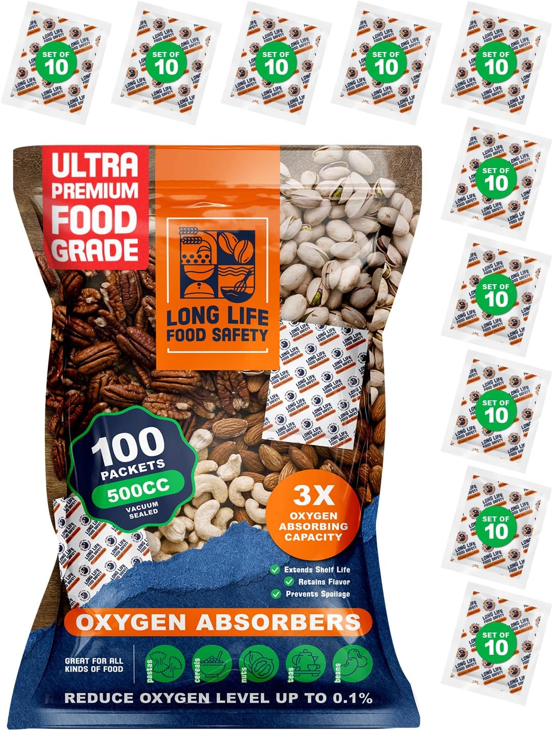 Absorbentes de oxígeno de 3000 cc y 500 cc para almacenamiento de alimentos  3 veces la capacidad de absorción de oxígeno  Extiende la vida útil y