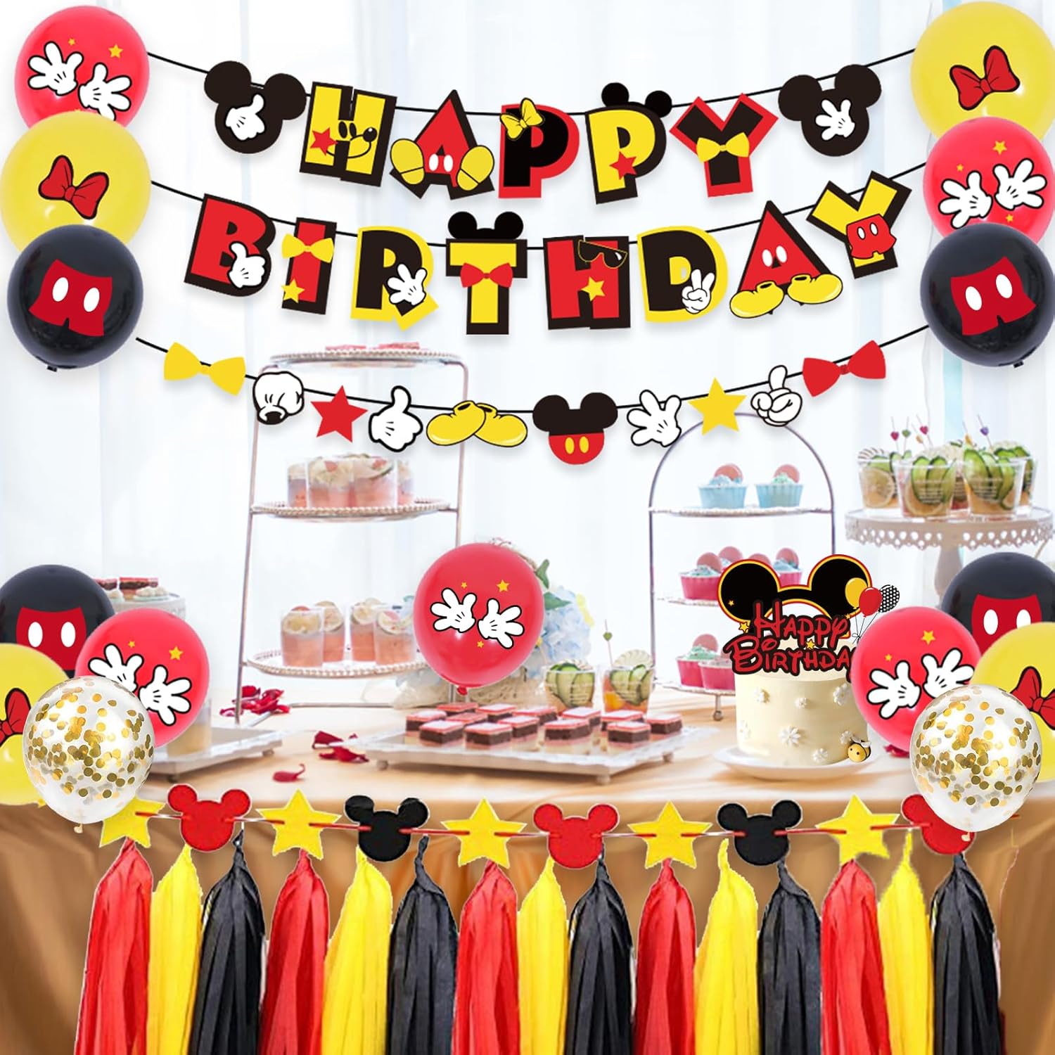 PRATYUS Decoraciones de cumpleaños de Mickey para regalos de fiesta con pancarta de cumpleaños y guirnalda, decoración de pastel y globos