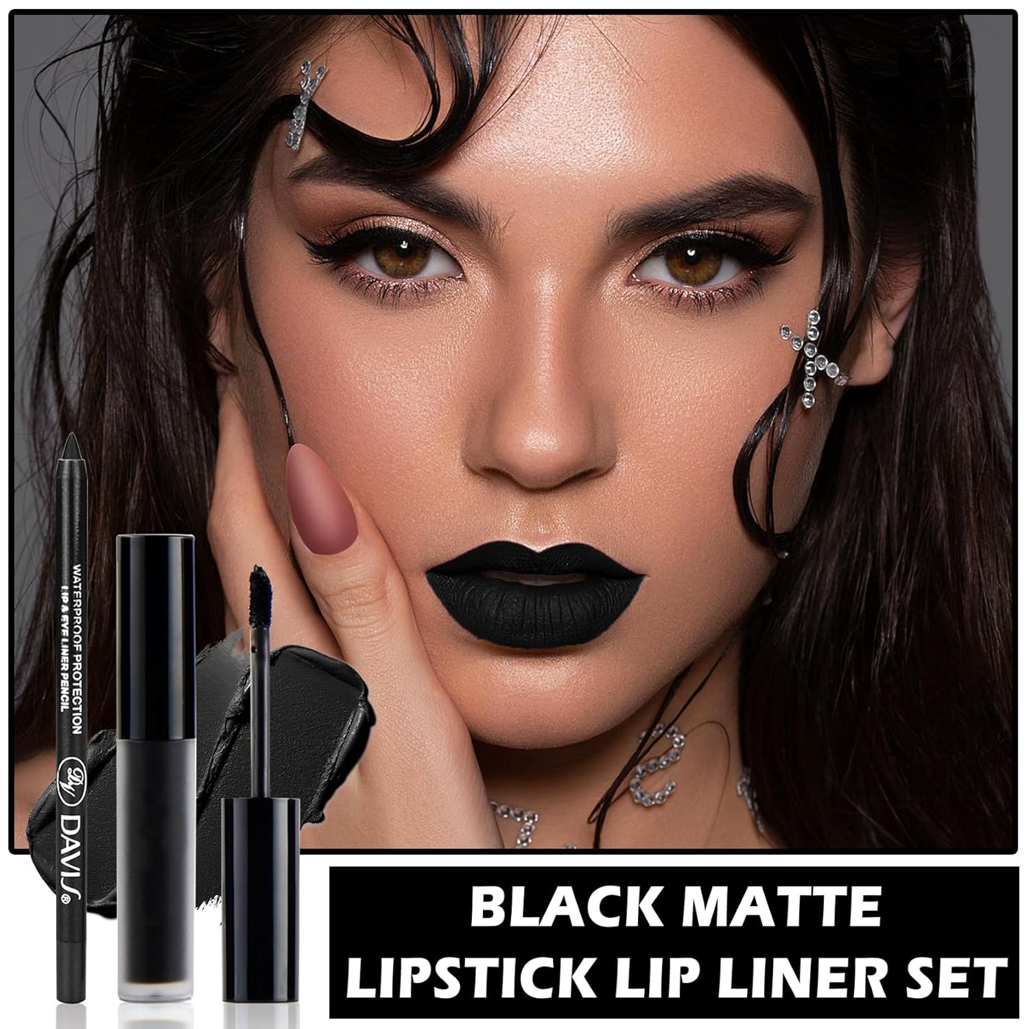 ZHISHUDL Juego de delineadores de labios negro mate, lápiz labial líquido negro, tinte de labios de alta pigmentación negro y brillo de labios para