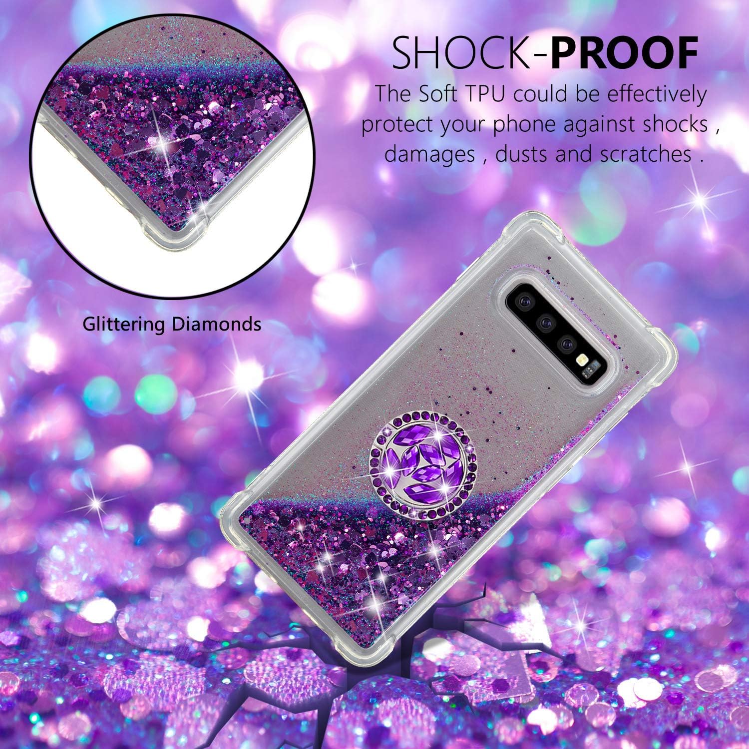 Asuwish Funda de teléfono para Samsung Galaxy S10 con protector de pantalla y soporte para anillo con purpurina líquida transparente, funda