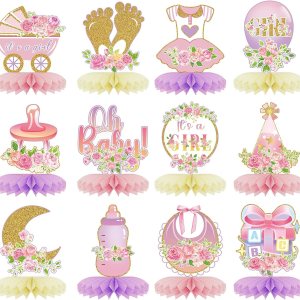 12 centros de mesa de nido de abeja para baby shower, decoración de fiesta para niñas, diseño floral de oro rosa rosa con texto en inglés “It’s a 12 centros de mesa de nido de abeja para baby shower, decoración de fiesta para niñas, diseño floral de oro rosa rosa con texto en inglés “It’s a