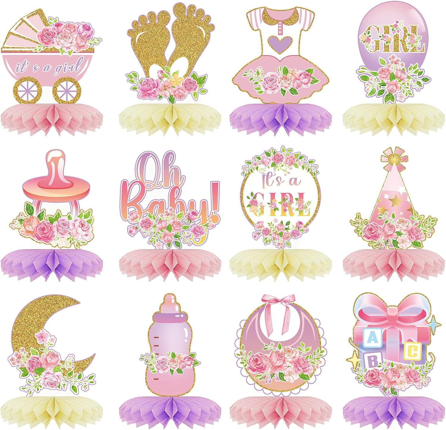 12 centros de mesa de nido de abeja para baby shower, decoración de fiesta para niñas, diseño floral de oro rosa rosa con texto en inglés “It’s a
