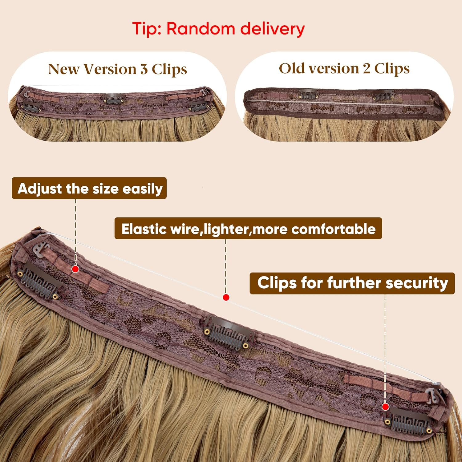 SARLA Extensión de cabello con alambre invisible rubio decolorado con clips, extensión sintética larga de onda de playa con clip para mujer, tamaño