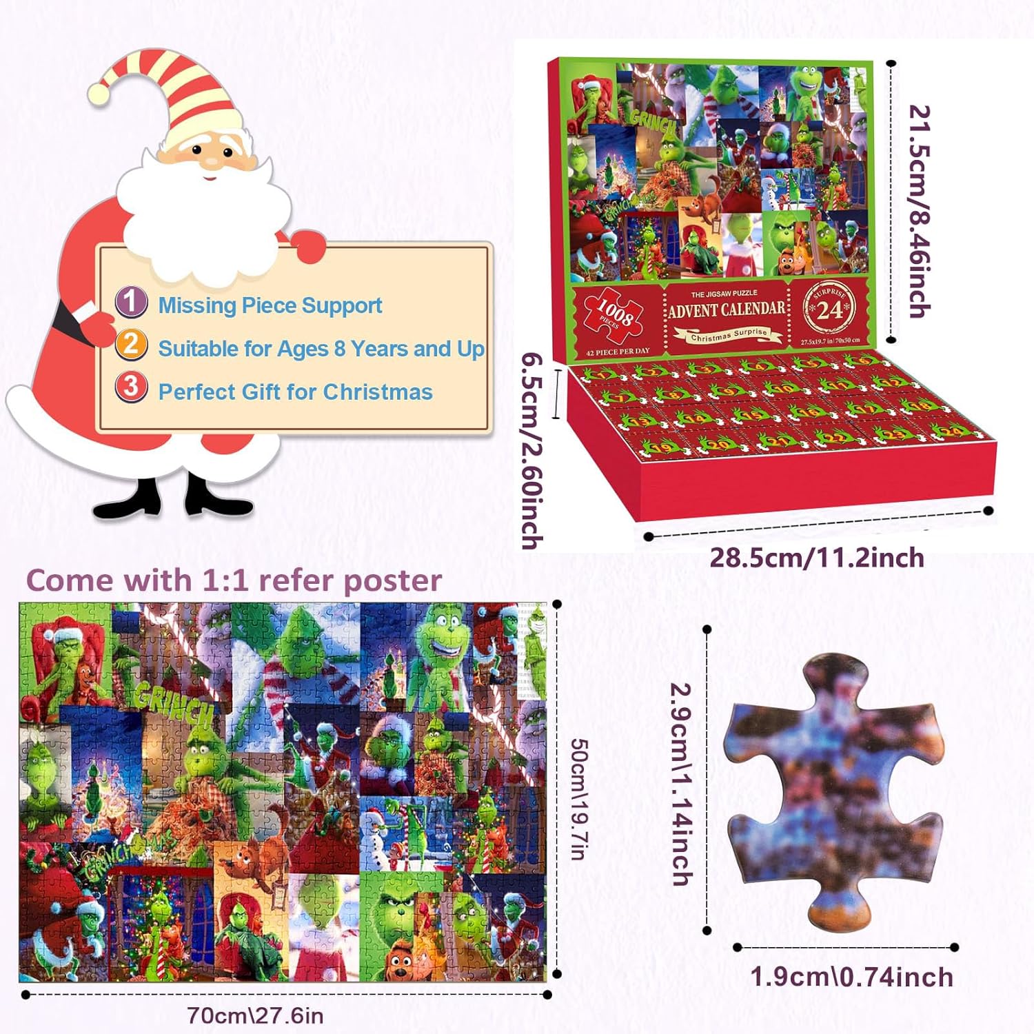 Rompecabezas de calendario de Adviento 2023-1008 piezas para adultos y niños, calendario de cuenta regresiva de Santas Grinchmas de 24 días,