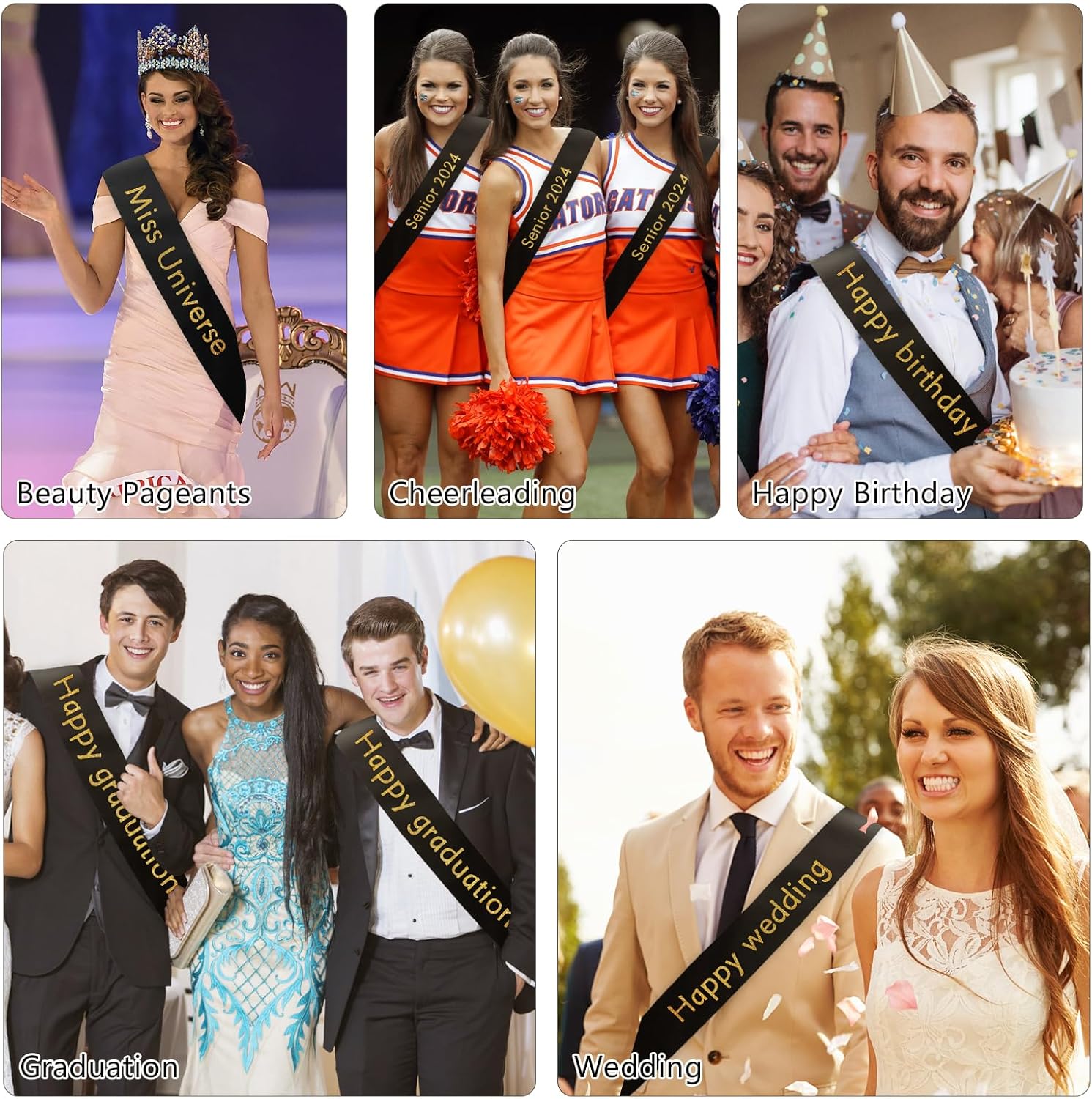 Dreamtop 16 unidades de banda de satén negro en blanco para concursos de personas mayores, banda de Miss América 2024 para concursos de belleza