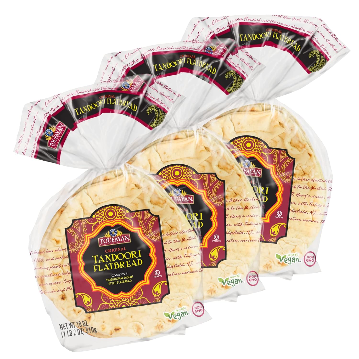 Toufayan Original Naan Tandoori  Vegano  Sin OMG  Kosher (paquete de 3, 12 panes planos en total)