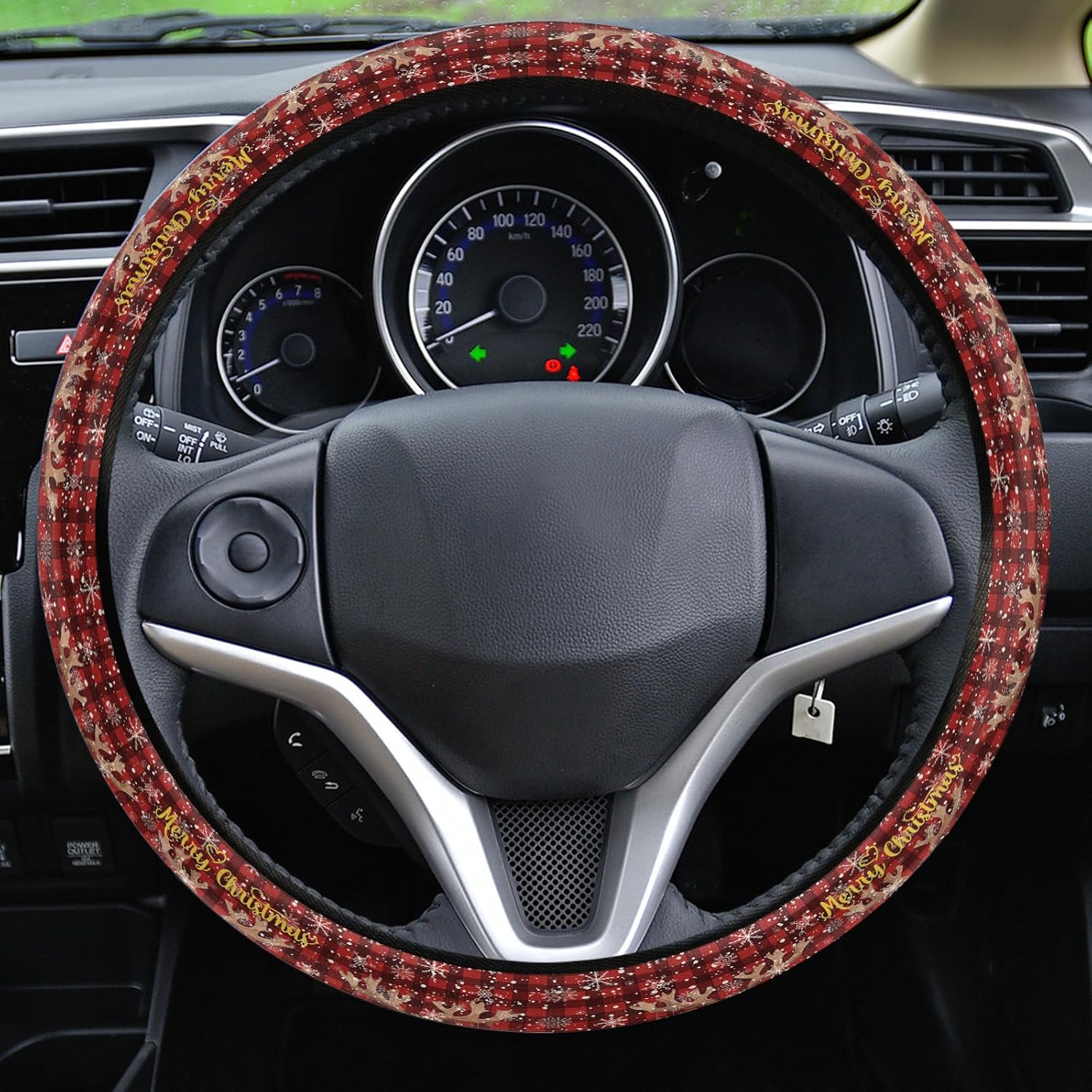Car Steering Wheel Cover, Christmas Snowflake Elk Red Plaid Elastic Stretch Sponge Steering Wheels Protective Cover for Vehicles Trucks SUVs