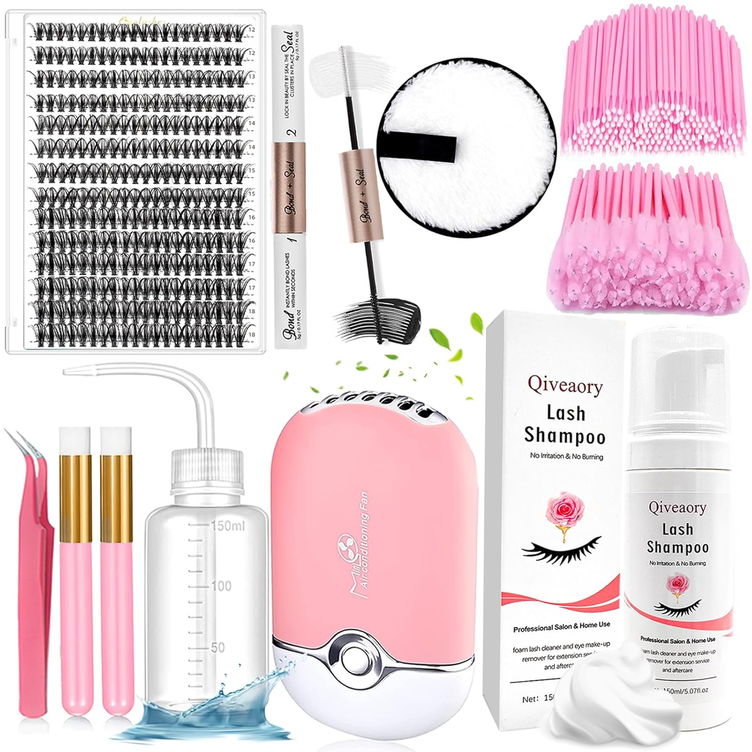 Kit de extensiones de pestañas individuales (280 unidades, mezcla 40D de 0.47 a 0.70 pulgadas) con unión de pestañas y sello USB, ventilador de