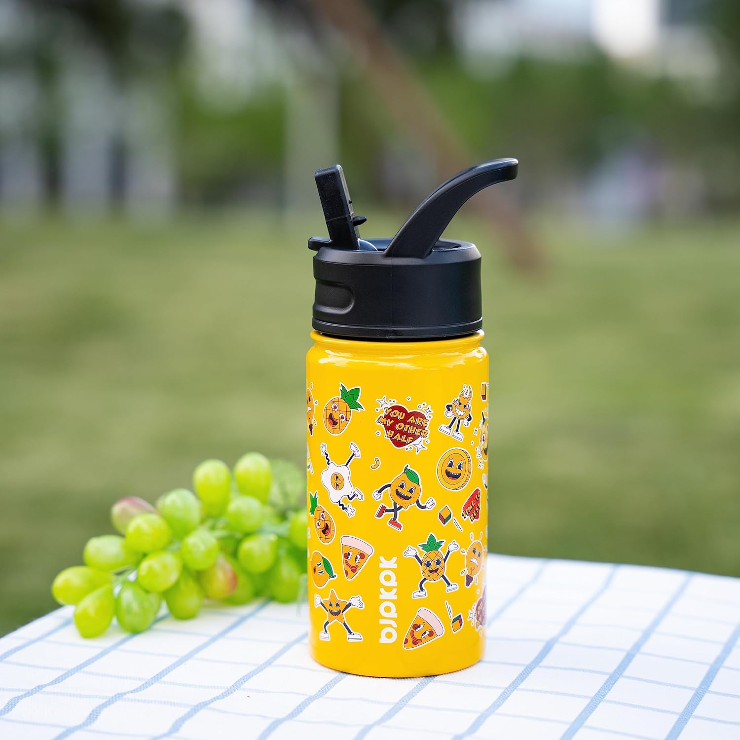 BJPKPK Botella de agua aislada con tapa con pajilla, botellas de agua de metal de acero inoxidable de 15 onzas, botellas de agua reutilizables a