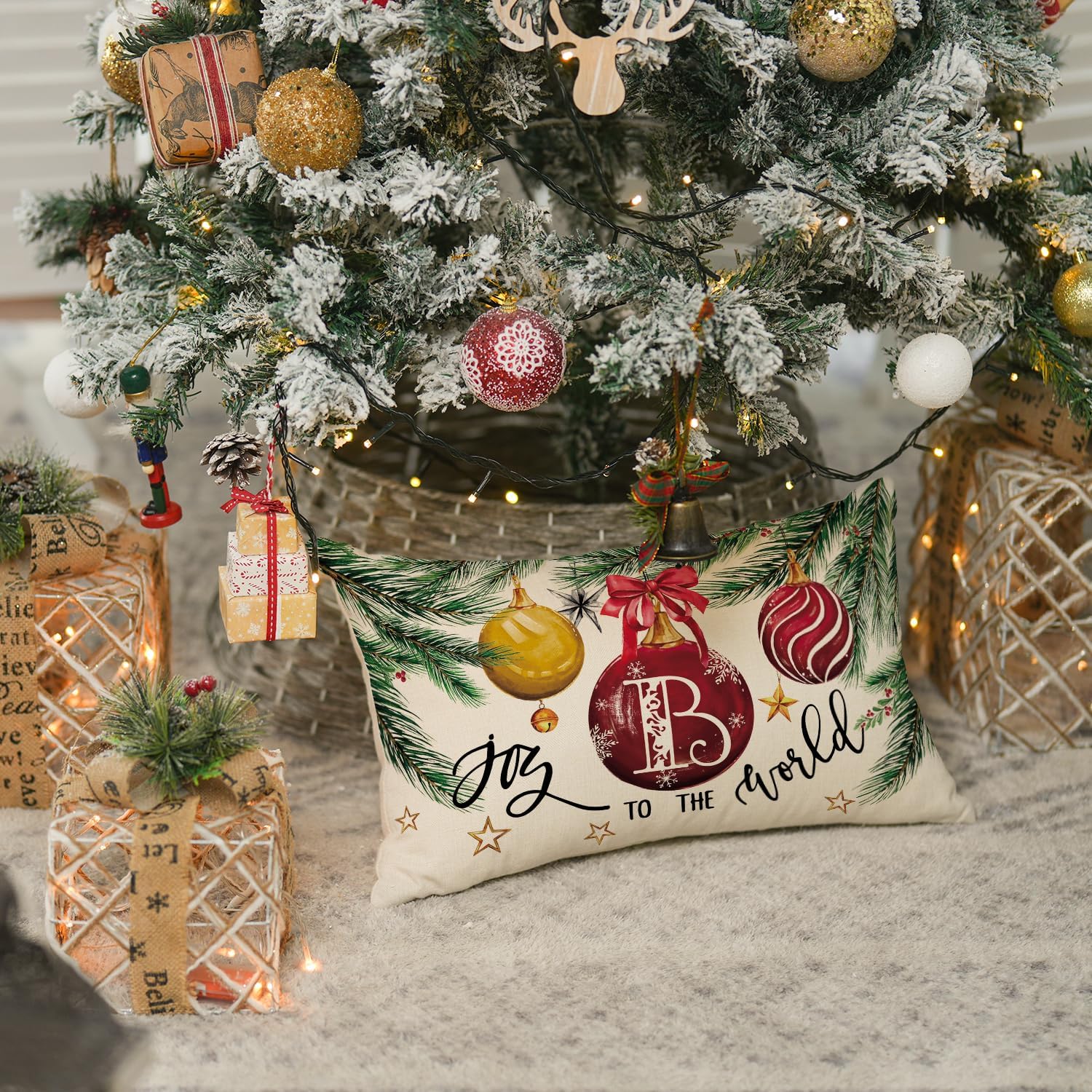 AVOIN colorlife Funda de almohada con monograma de Navidad, letra B, 12 x 20 pulgadas, diseño de letras de apellido Joy to The World, decoración con