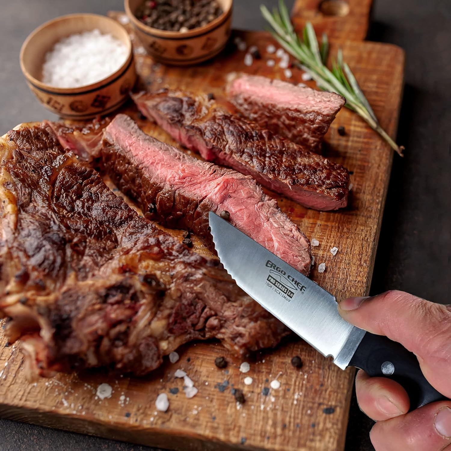Ergo Chef Pro Series 2.0 – Juego de cuchillos para carne (4 piezas) de acero inoxidable de alto carbono, asas de madera de Pakka negra, estilo único