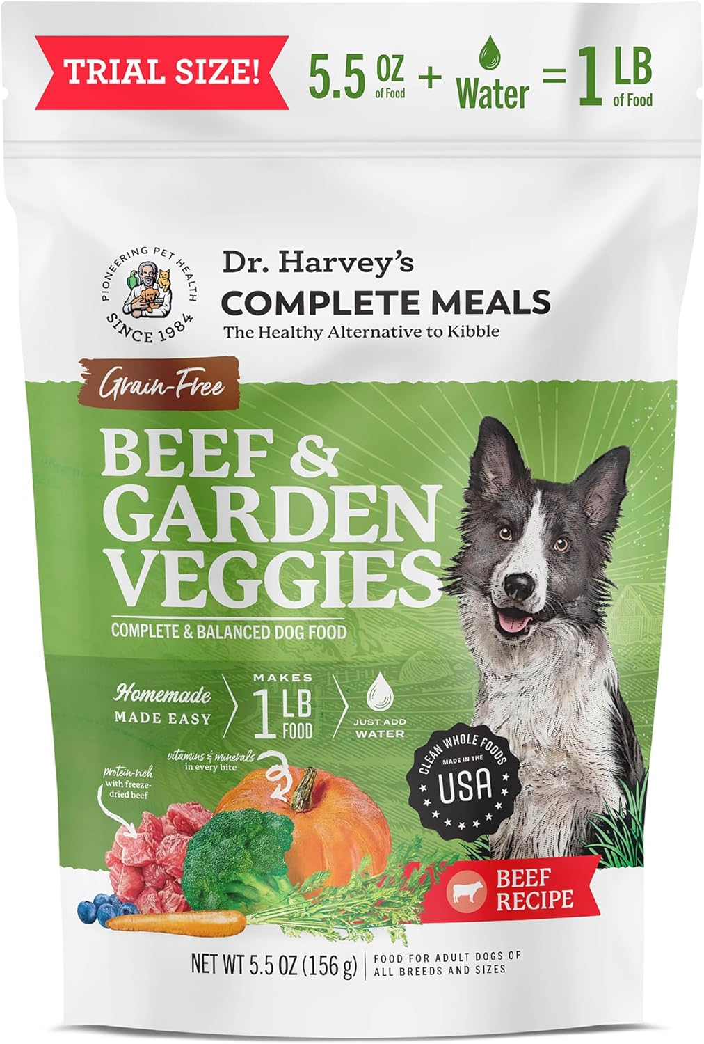 Dr. Harvey’s Beef & Garden Veggies – Alimento deshidratado sin granos de grado humano para perros con carne liofilizada, tamaño de prueba (5.5 onzas)