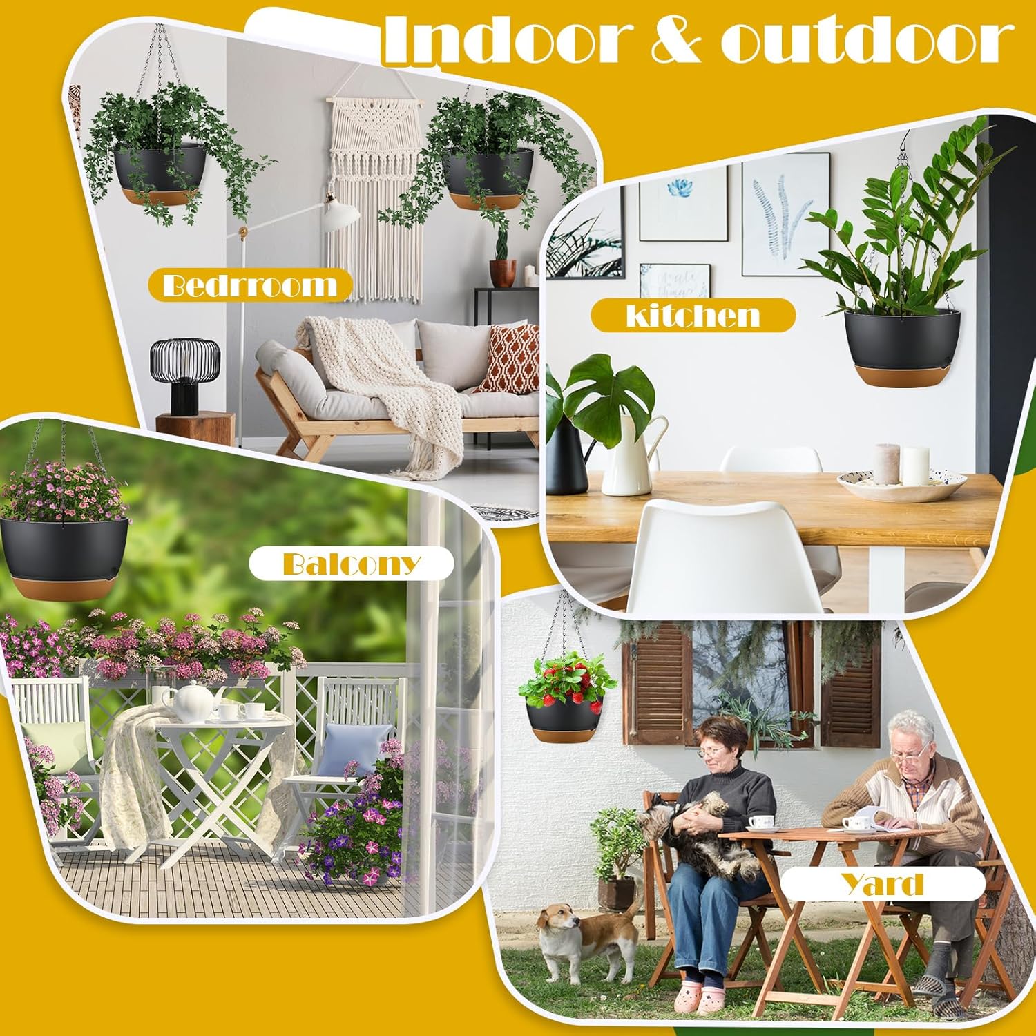 Remerry Juego de 6 macetas colgantes de 11.2 pulgadas para plantas de interior y exterior, juego de macetas colgantes de plástico con agujeros de