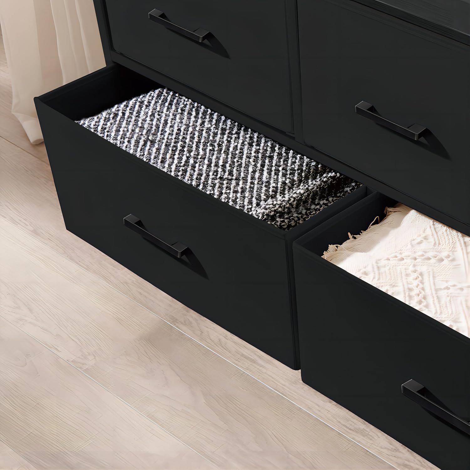 Cómoda para dormitorio con 5 cajones, unidades organizadoras de cómoda de tela, cómodas anchas con contenedores de tela y parte superior de madera,