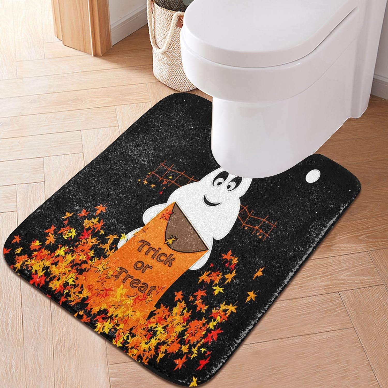 Halloween Ghost Fall Maple Bathroom Rugs Set 2 Piece Non Slip Water Absorbent Toilet Rug Fall Trick Or Treat Bath Rugs Washable Decor Area Rug Quick