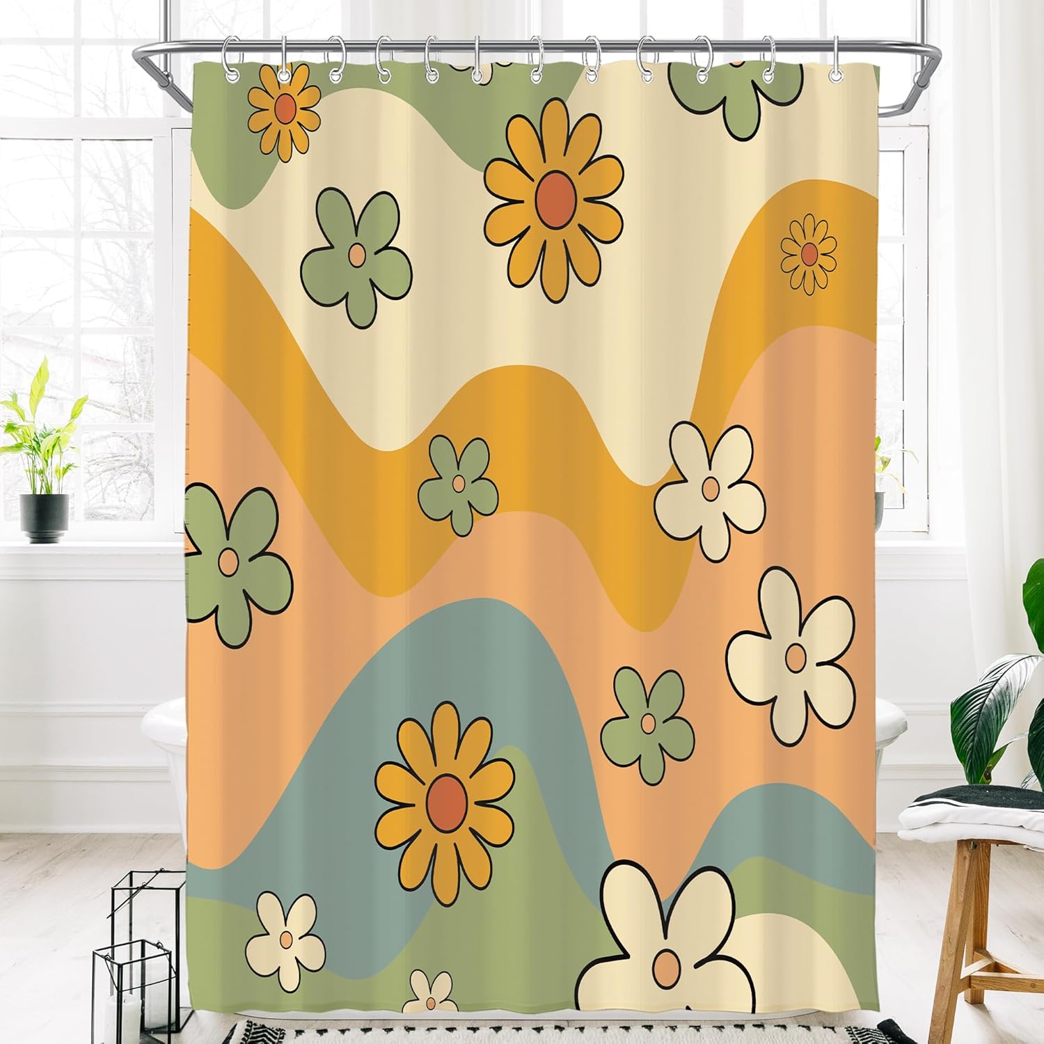 Cortina de ducha vintage con estética retro de los años 70 para baño, 72 pulgadas de ancho x 72 pulgadas de alto, diseño de margaritas abstractas,
