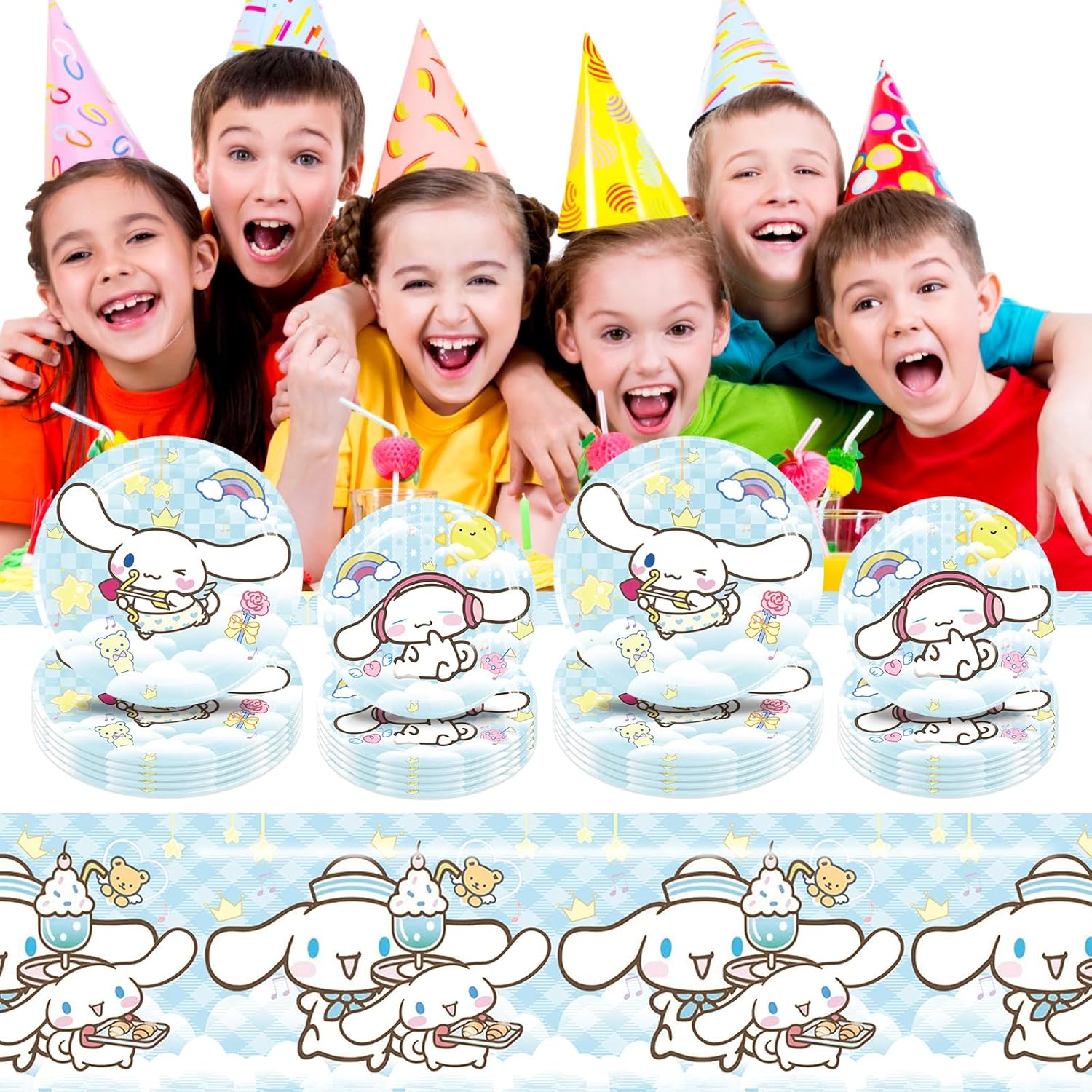 Cinnamoroll – Decoraciones de cumpleaños, 20 platos, 20 servilletas y 1 mantel para niños y niñas, suministros de fiesta
