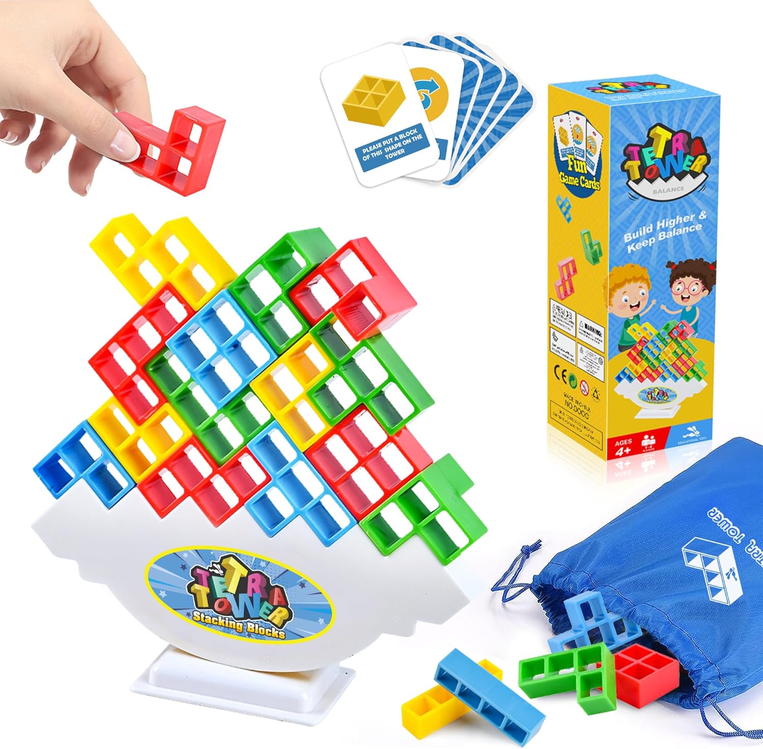Tetra Tower – Juguetes apilables de equilibrio, 16 piezas de juegos de mesa para niños y adultos, juego de equilibrio para 2 jugadores, bloques de