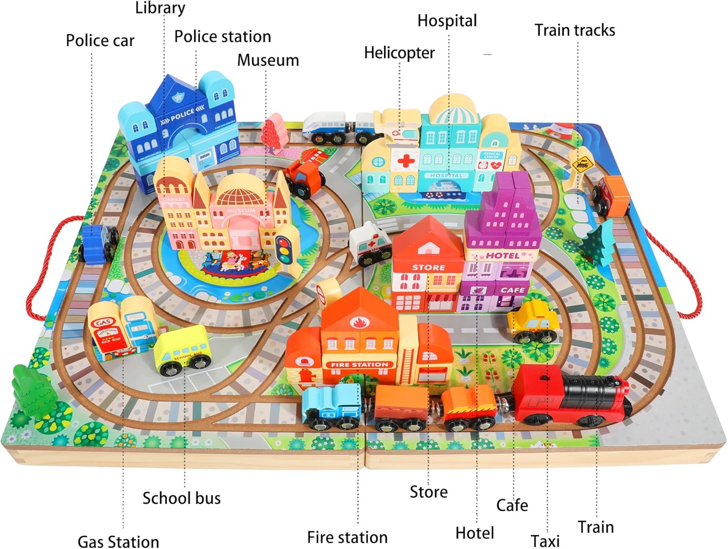 Juego de bloques de construcción de madera, tren eléctrico de construcción de ciudad, bloques apilables, juguetes educativos de aprendizaje