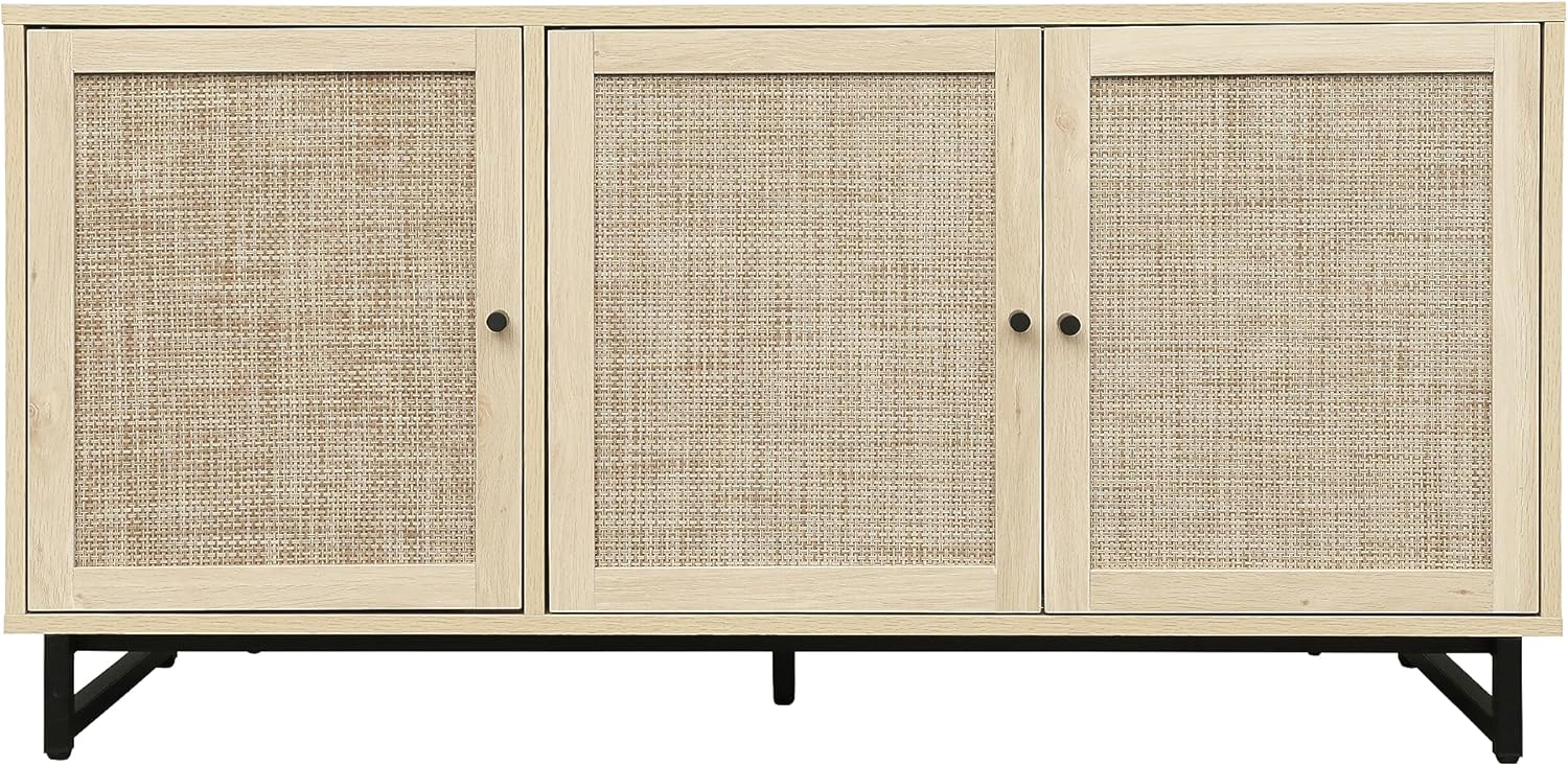 ZeHuoGe Aparador de buffet con 3 puertas decoradas de ratán, gabinete de buffet, armario de ratán con patas de metal para sala de estar, pasillo,