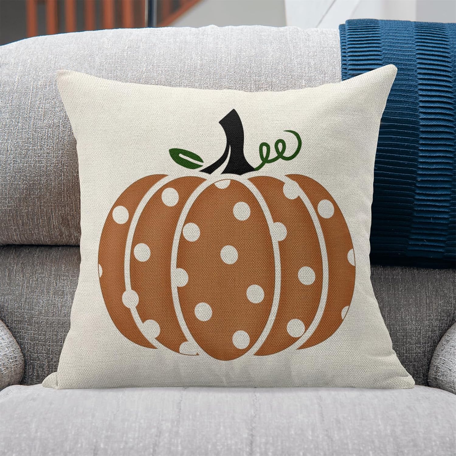 Juego de 2 fundas de almohada de otoño de 18 x 18 pulgadas, diseño de calabaza con lunares naranjas, decoración de otoño, Acción de Gracias, para