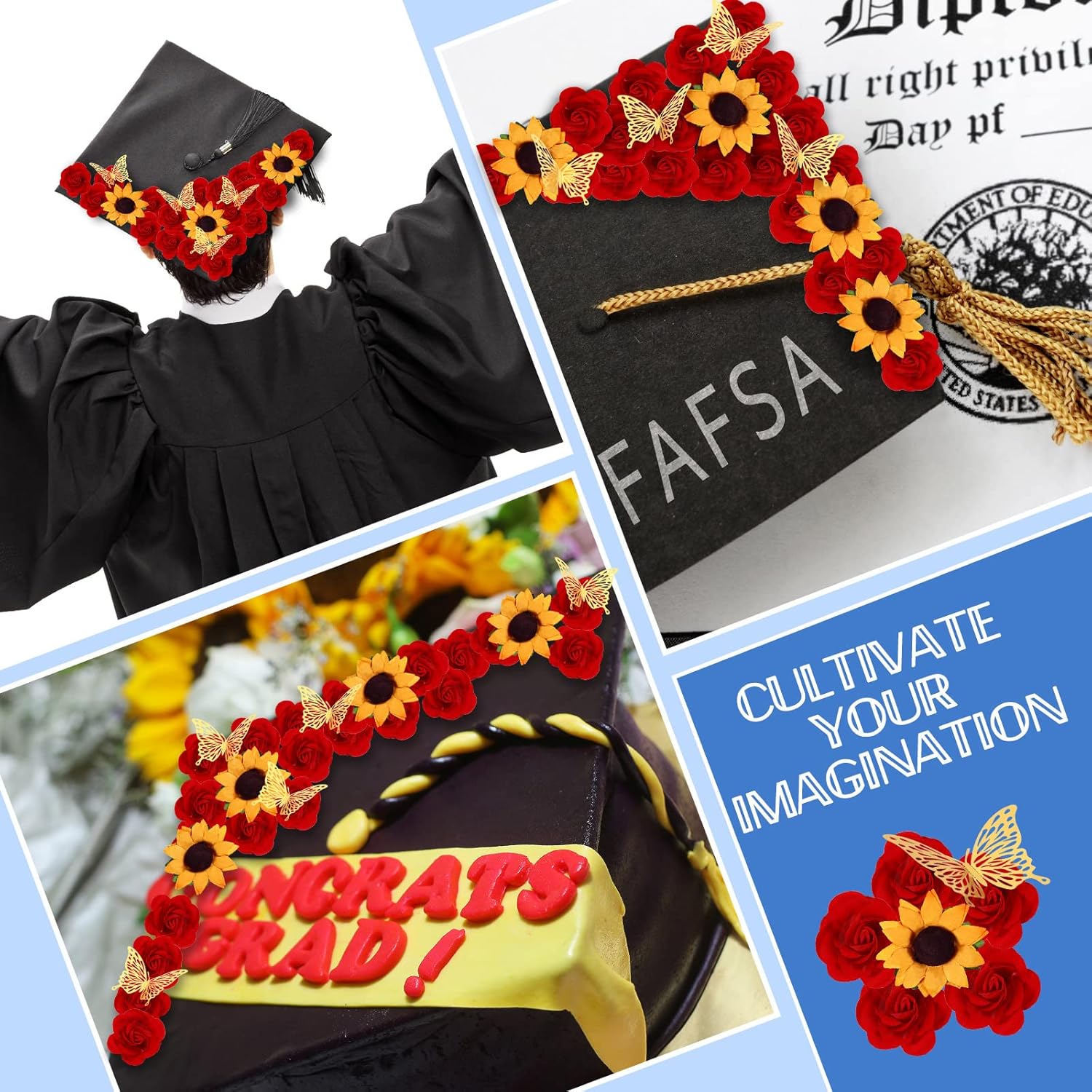 30 calcomanías florales de rosas con parte trasera plana adhesivas, rosas amarillas, cabezas de girasol 3D, calcomanías de mariposa 3D para