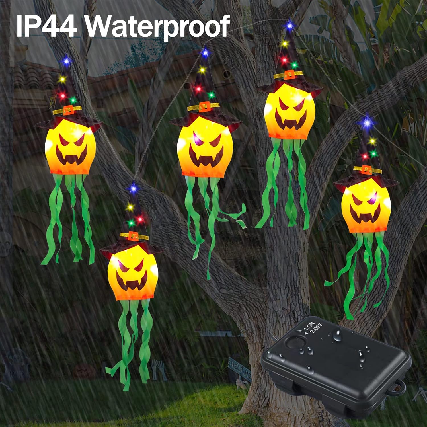 Guirnalda de luces de Halloween para colgar al aire libre, 12 pies, 30 luces LED, 5 piezas de sombrero de bruja aterrador, calabaza, funciona con
