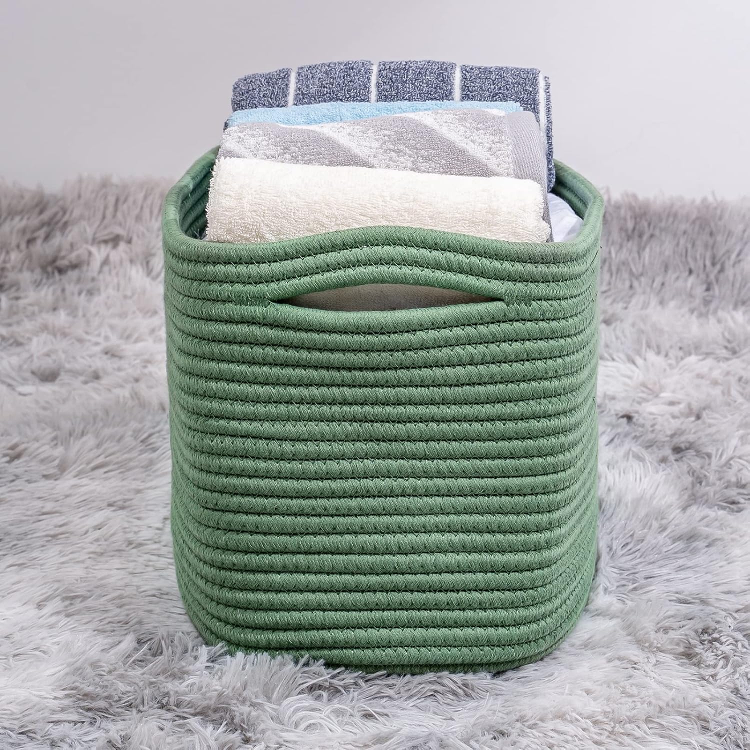 Green 3 Pack Shelf Cube Storage Organizer Bins,Decorative Closet Storage Basket for Organizing,Skin-friendly Rope Basket for Shelves,Rectangular
