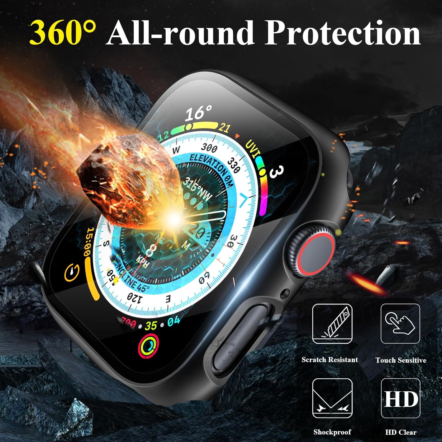 EWUONU – Funda para Apple Watch Series 9, protector de pantalla de 1.614 pulgadas (1.614 in), serie 8 y 7, carcasa rígida de policarbonato duro de