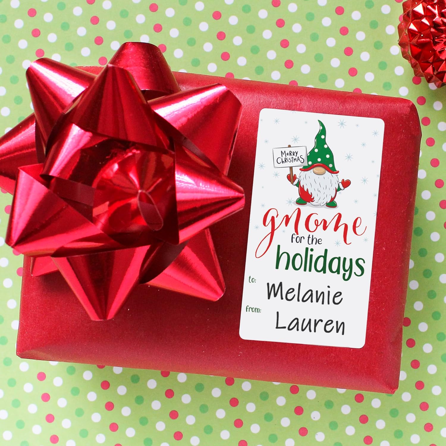 Etiquetas adhesivas de regalo de gnomo de Navidad, 75 etiquetas, etiquetas de regalo de gnomo de jardín rojo y verde, calcomanías de caja de regalo