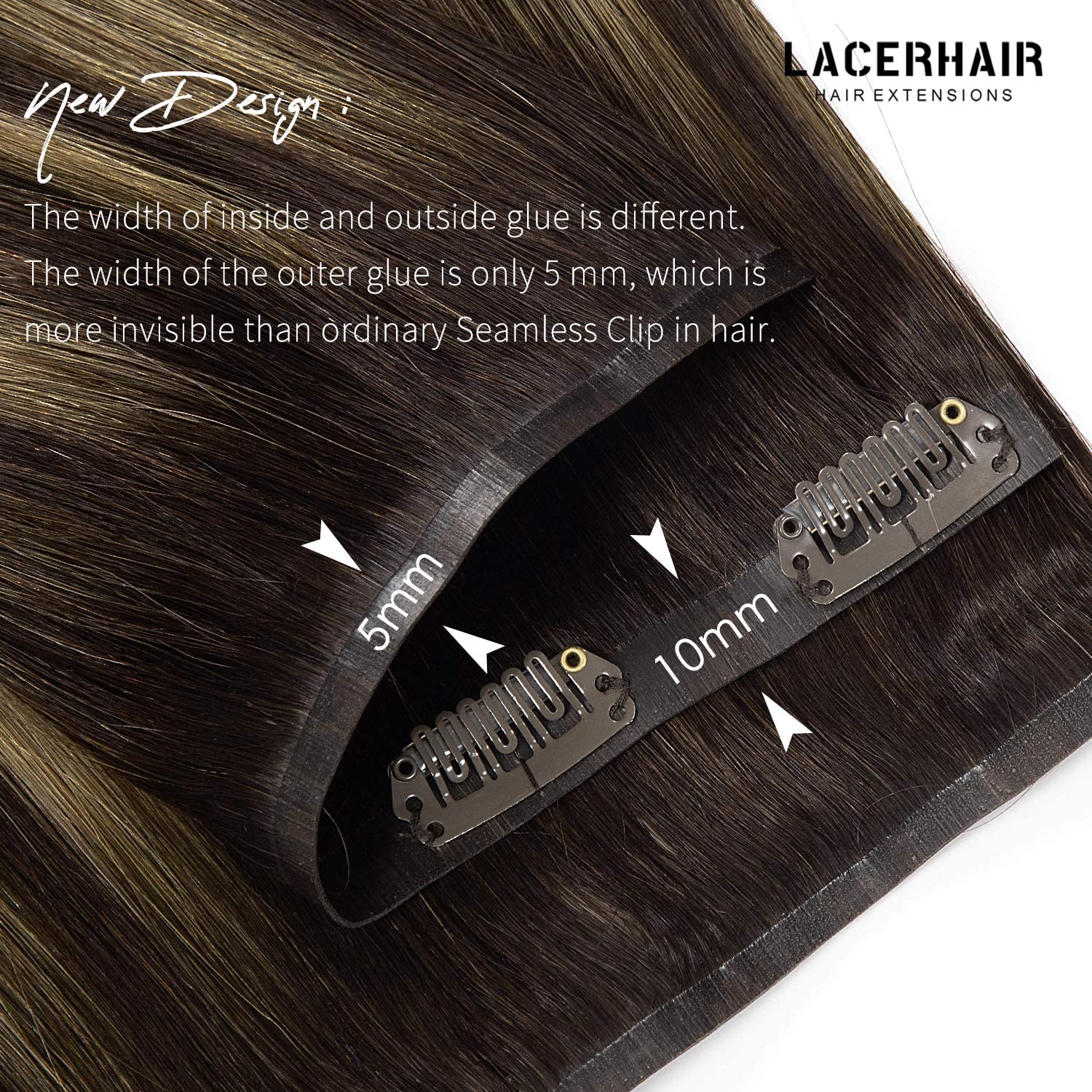 Lacer Extensiones de cabello humano con clip, sin costuras, con raíces de castaño castaño mezclado con marrón oscuro con raíces marrón oscuro,