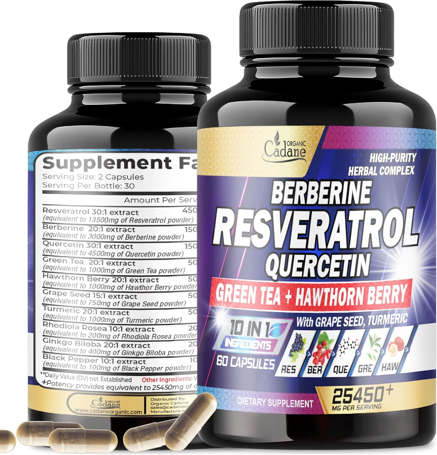 Suplemento de resveratrol prémium de 25450 mg  Envejecimiento saludable, corazón, cerebro e inmunitario  10 en 1 con quercetina, berberina, té