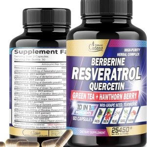Suplemento de resveratrol prémium de 25450 mg  Envejecimiento saludable, corazón, cerebro e inmunitario  10 en 1 con quercetina, berberina, té Suplemento de resveratrol prémium de 25450 mg  Envejecimiento saludable, corazón, cerebro e inmunitario  10 en 1 con quercetina, berberina, té