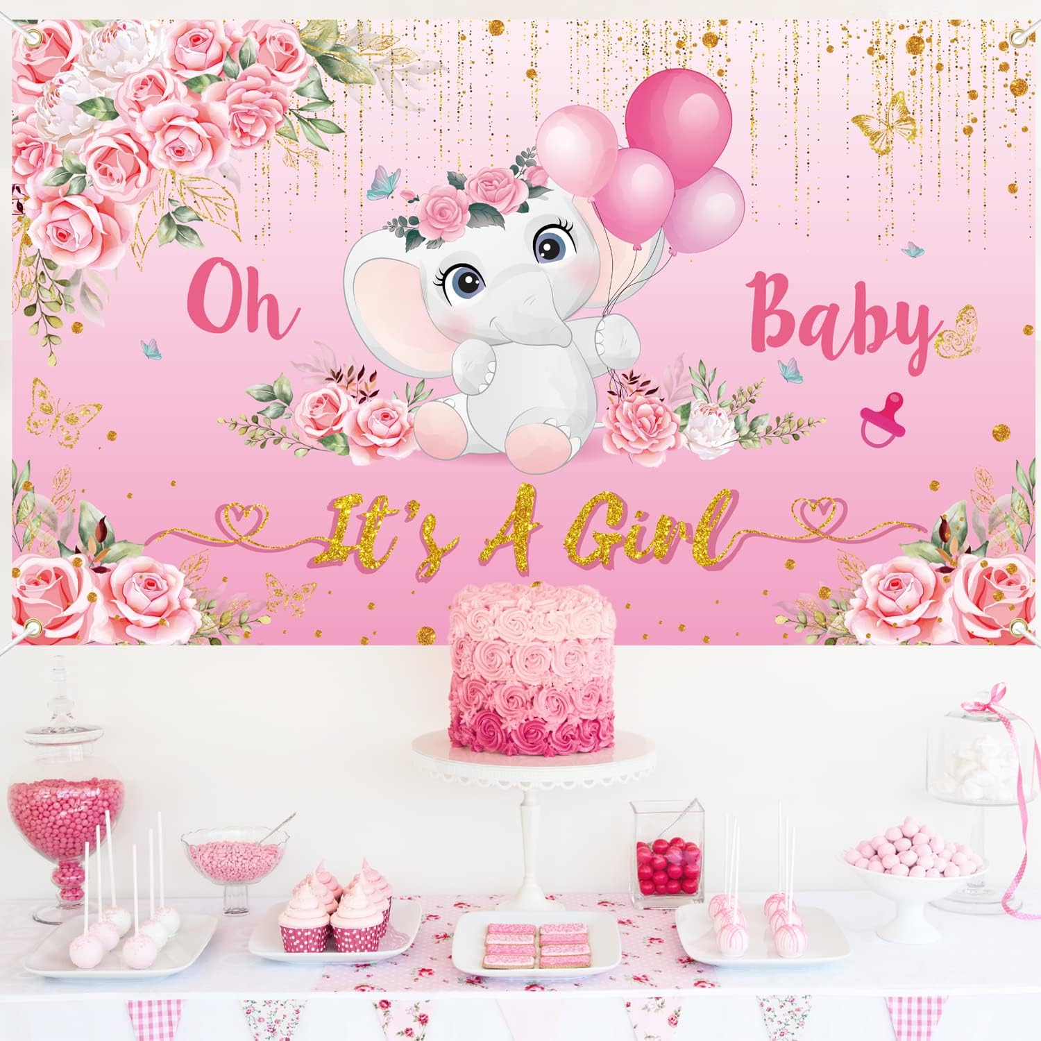 Cartel de fondo de baby shower para niña, decoraciones de baby shower para niña, pancarta de “It’s A Girl”, decoraciones de elefante para baby