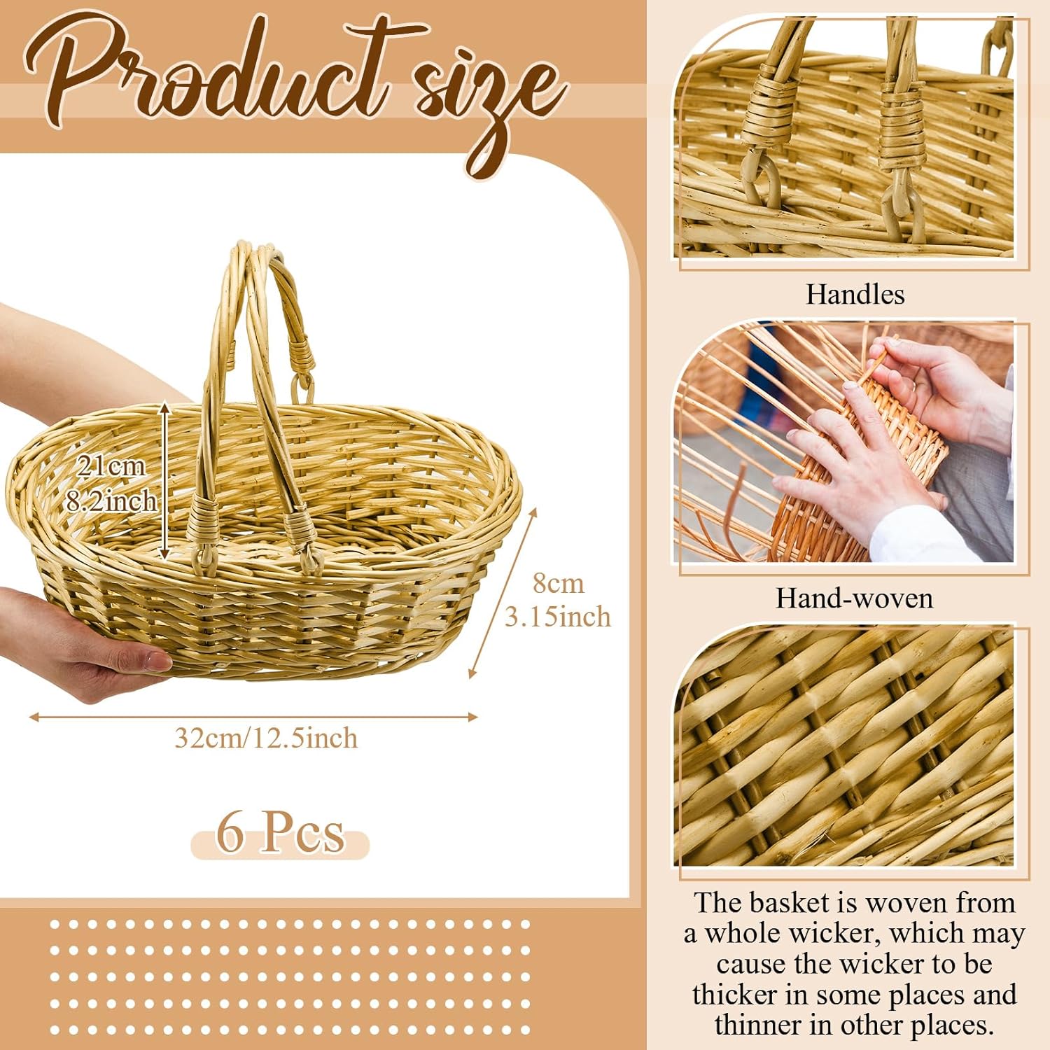 Sintuff 6 cestas de mimbre con asa tejidas para pícnic, cesta ovalada trenzada, cesta de frutas, cesta de cosecha, cesta vacía pequeña para frutas,