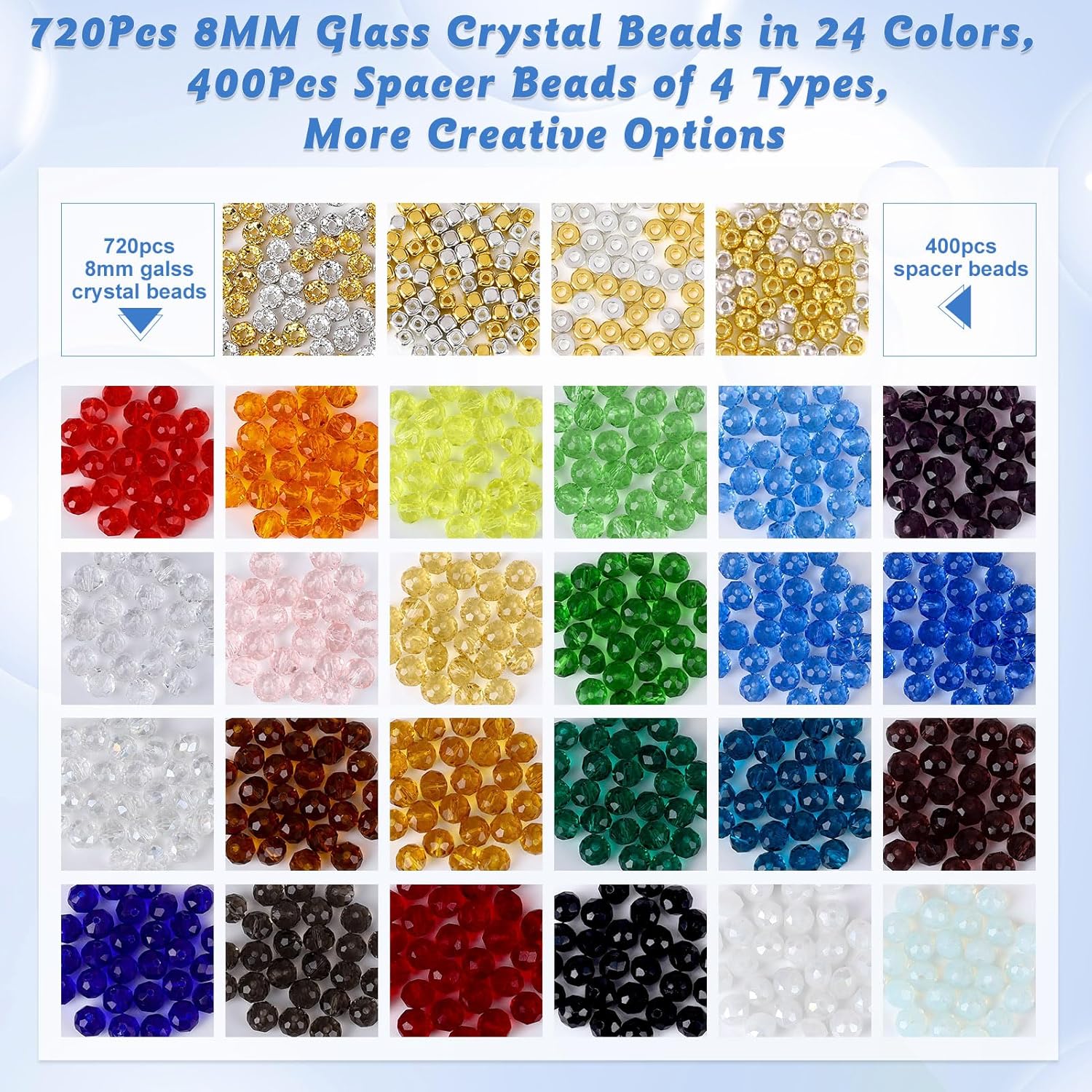 JADVY Kit de 1120 cuentas de cristal para hacer pulseras con cuentas espaciadoras, 0.315 in, 24 colores para hacer joyas, cuentas de vidrio y