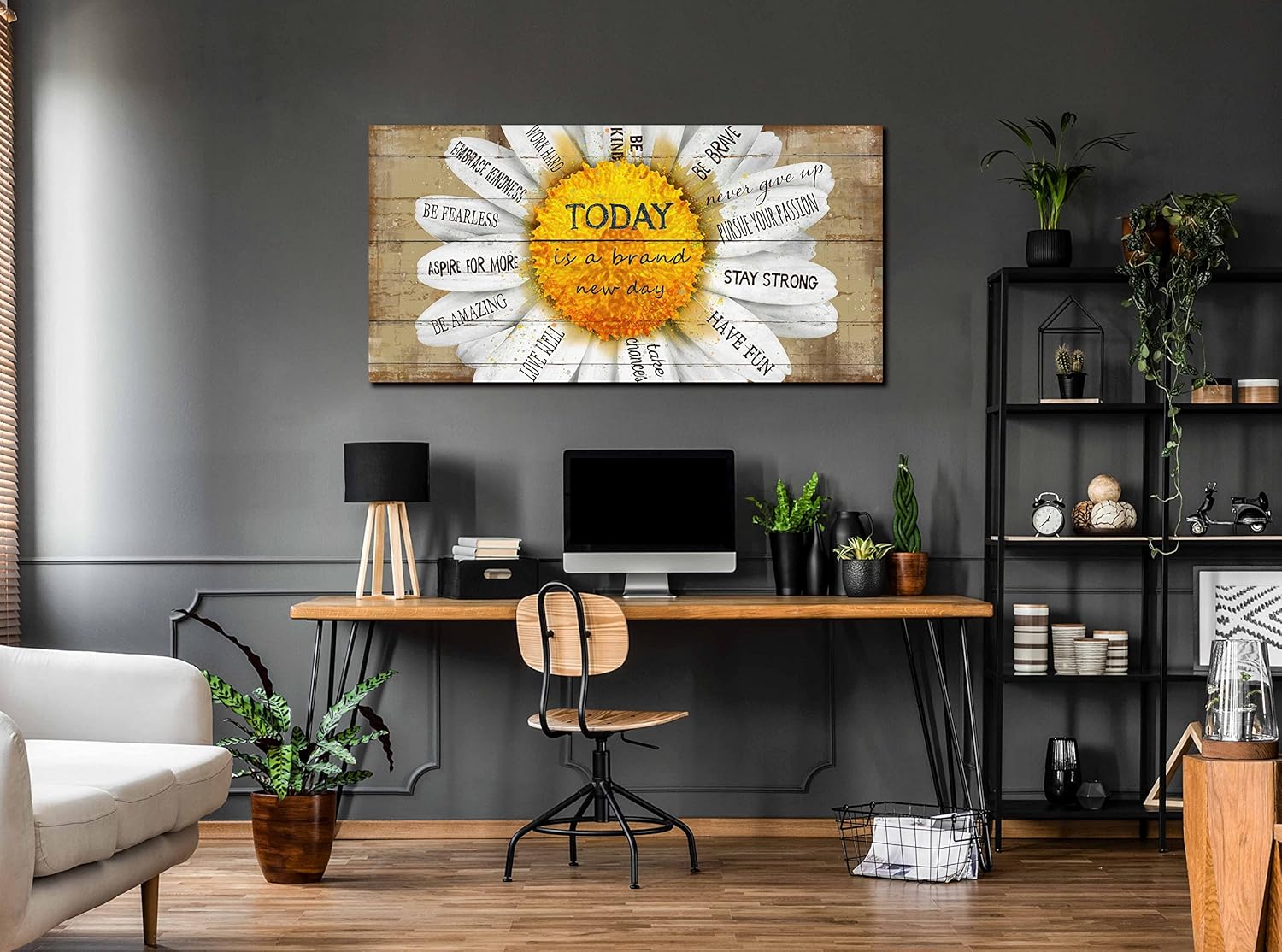 Decoración de pared inspiradora para dormitorio, póster inspirador para aulas, flores de margaritas amarillas, arte de pared listo para colgar,