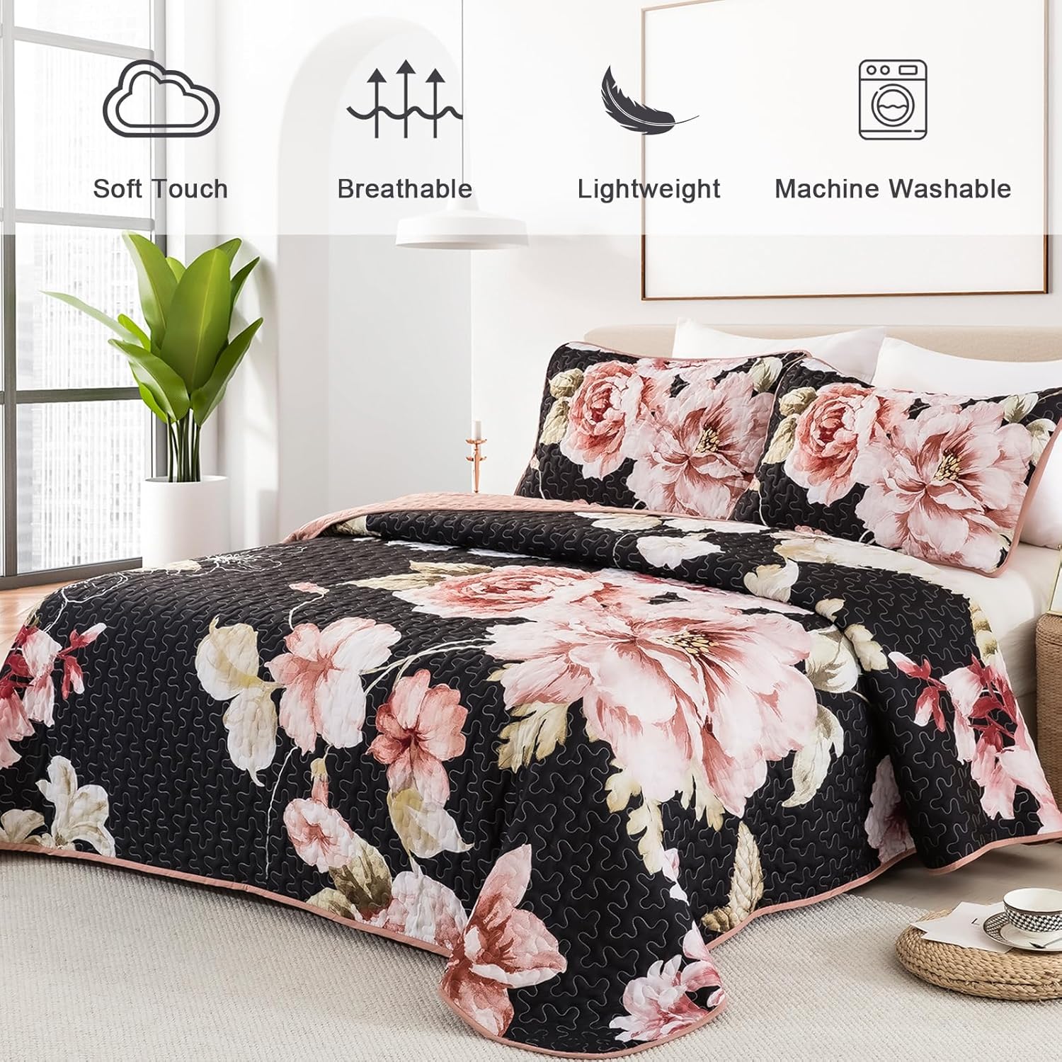 Dobuyly Juego de edredón floral negro tamaño King, 3 piezas de flores botánicas rosas impresas en negro, juego de ropa de cama de microfibra suave y