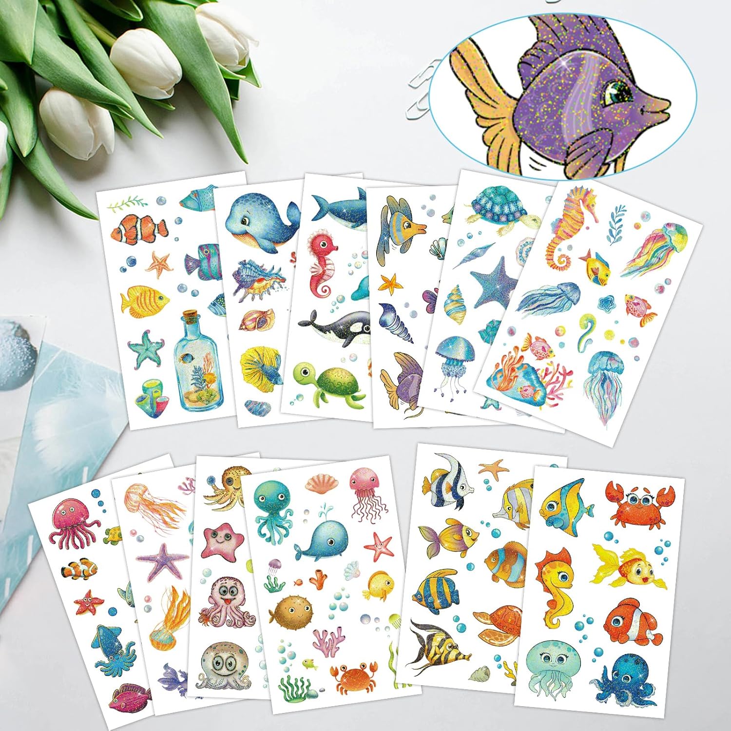 Konsait Más de 120 tatuajes temporales del océano, tatuajes con purpurina bajo el mar para niños y adultos, tatuajes de peces de vida marina,