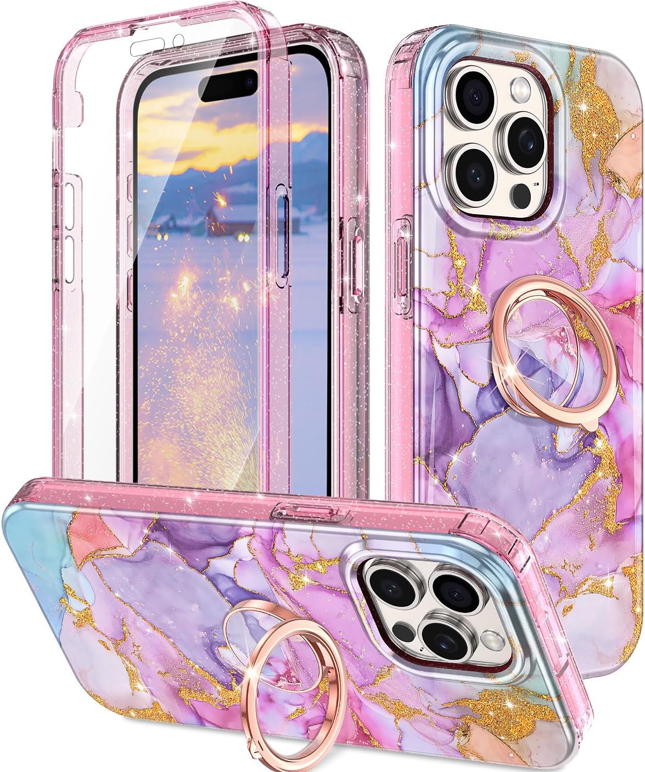 Btscase Funda para iPhone 15 Pro Max de 6.7 pulgadas, protector de pantalla integrado con soporte de anillo de 360, cuerpo completo de doble capa