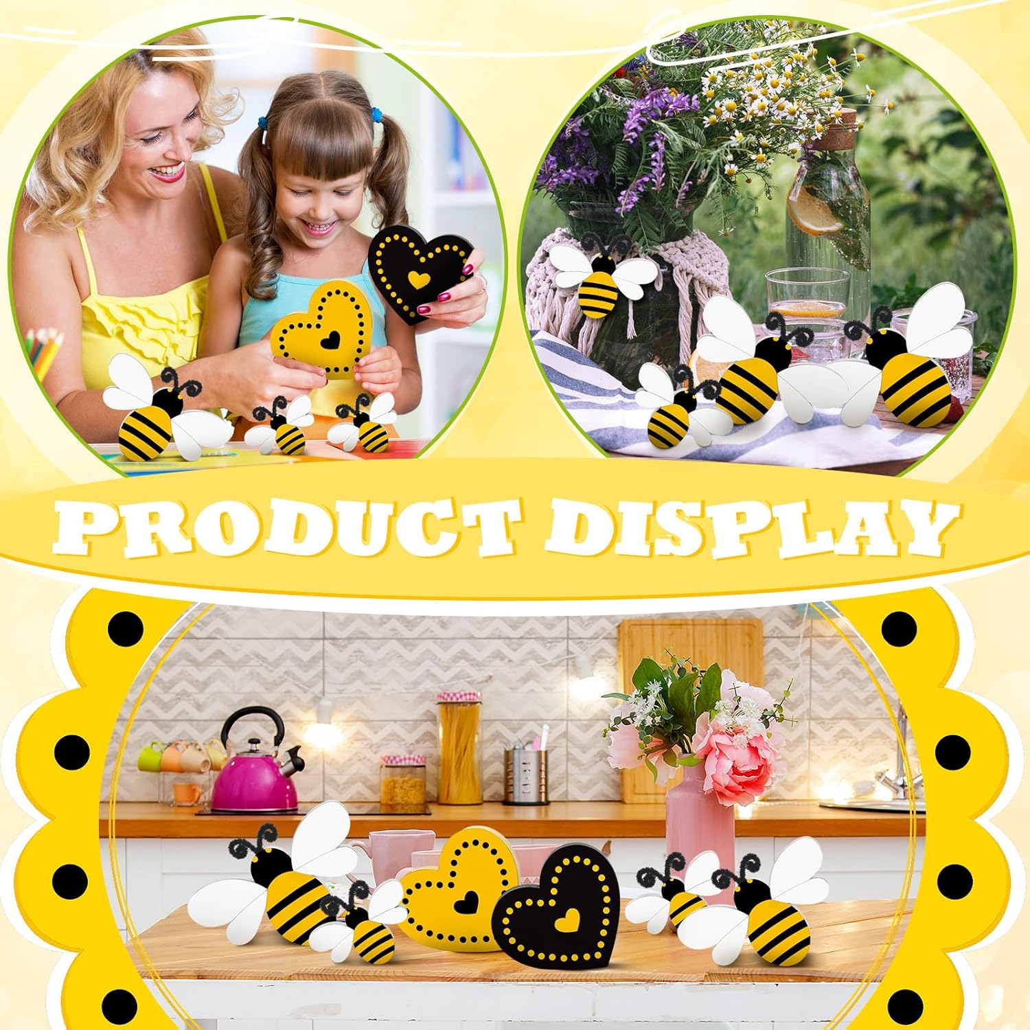 6 piezas de bandeja escalonada de abeja, letrero de madera con forma de corazón de abeja, decoración rústica de abeja, centro de mesa de madera de